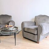 Pair of moustache club armchairs in elephant grey velvet.