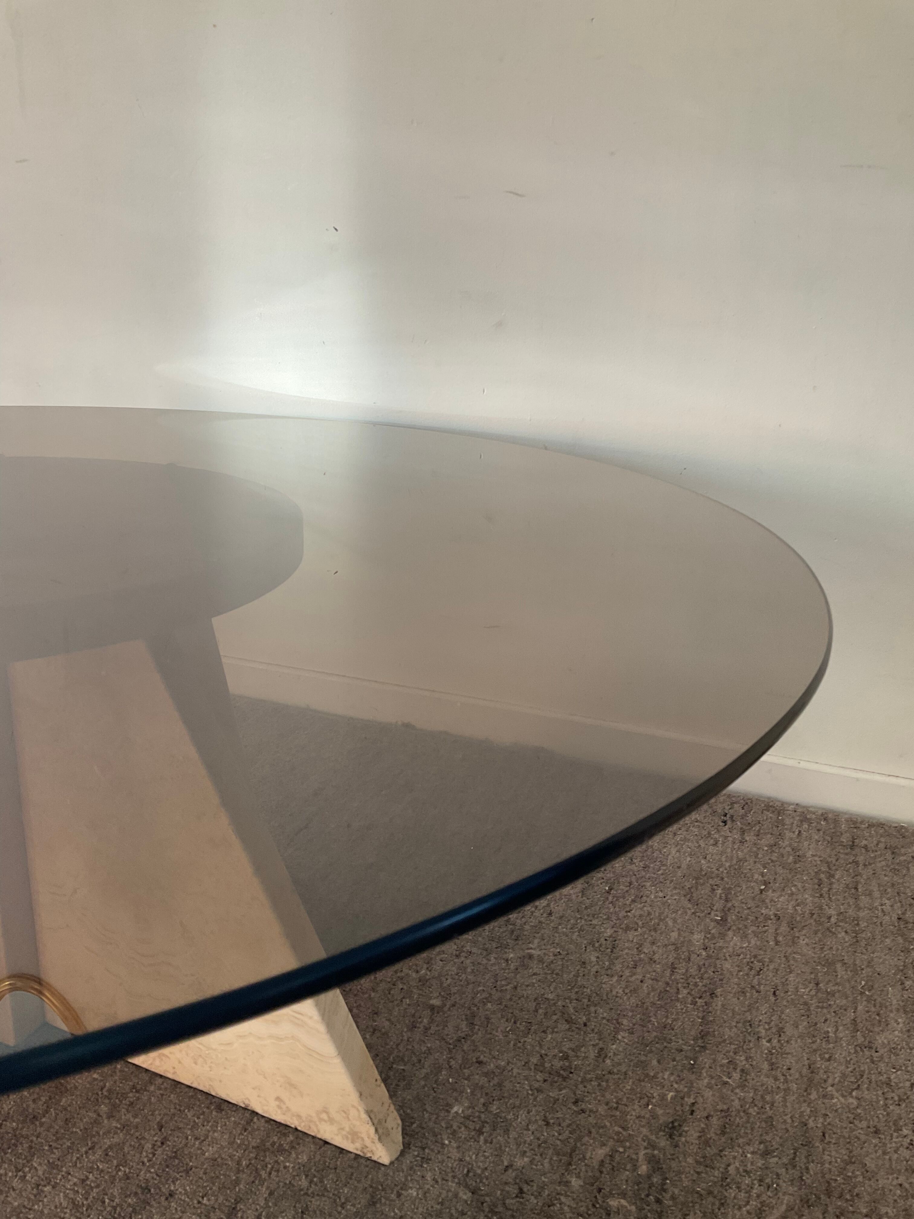 Vintage coffee table in travertine and smoked glass 70s
