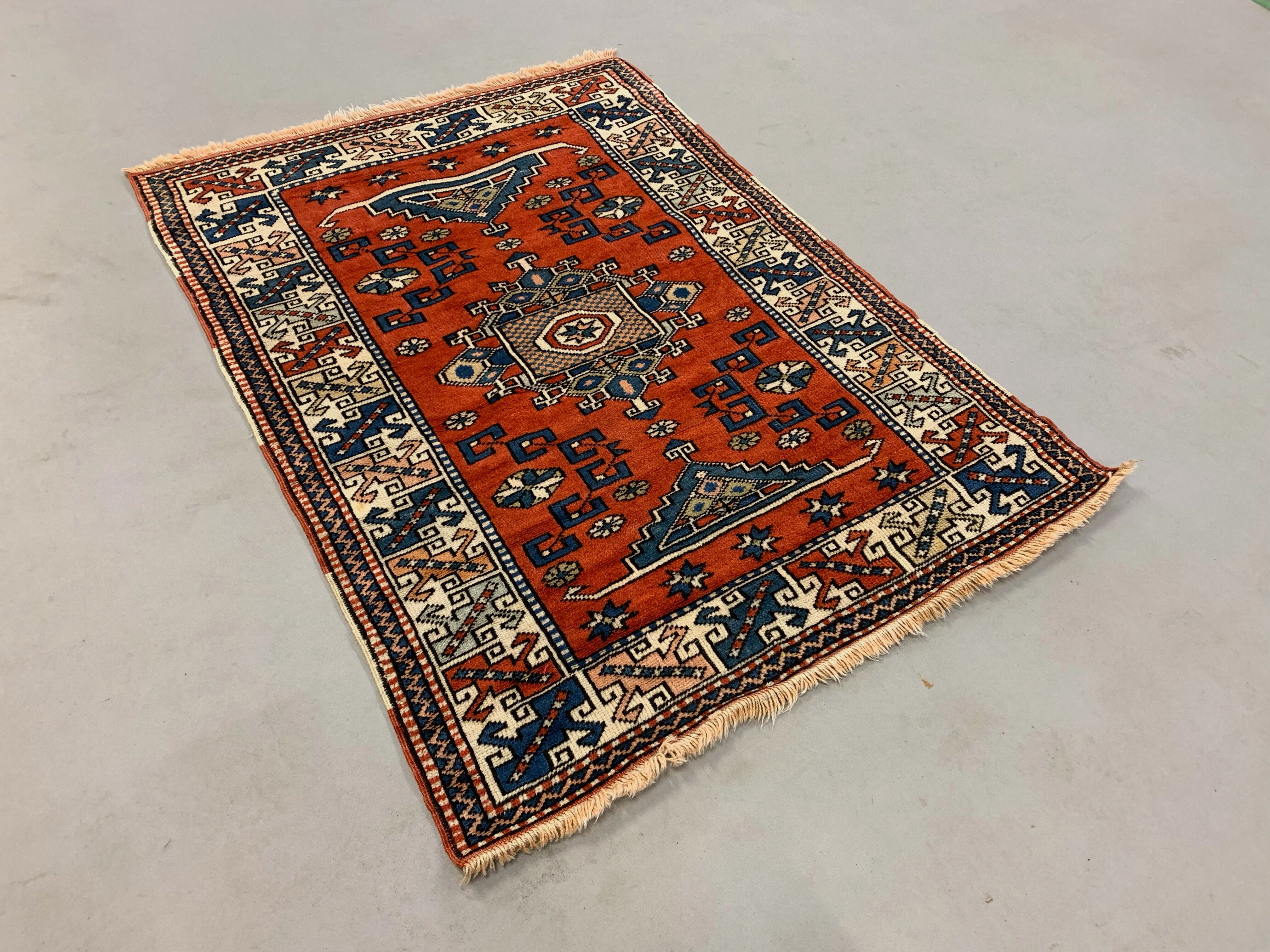 Old Turkish Kazak Rug Oriental 132x95 cm vintage tribal carpet, Red and Blue