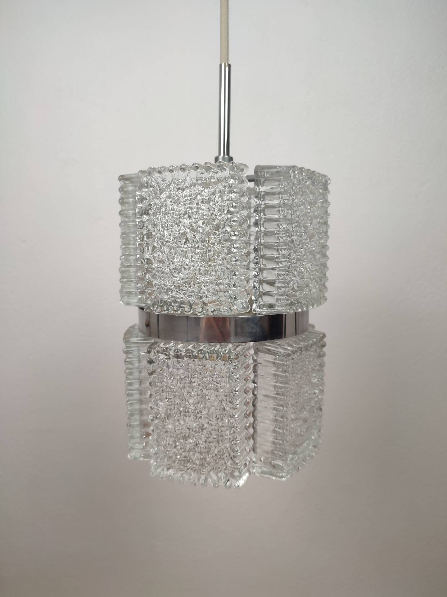 Brutalist Suspension "Ice Glass" and Chrome by Kaiser Leuchten