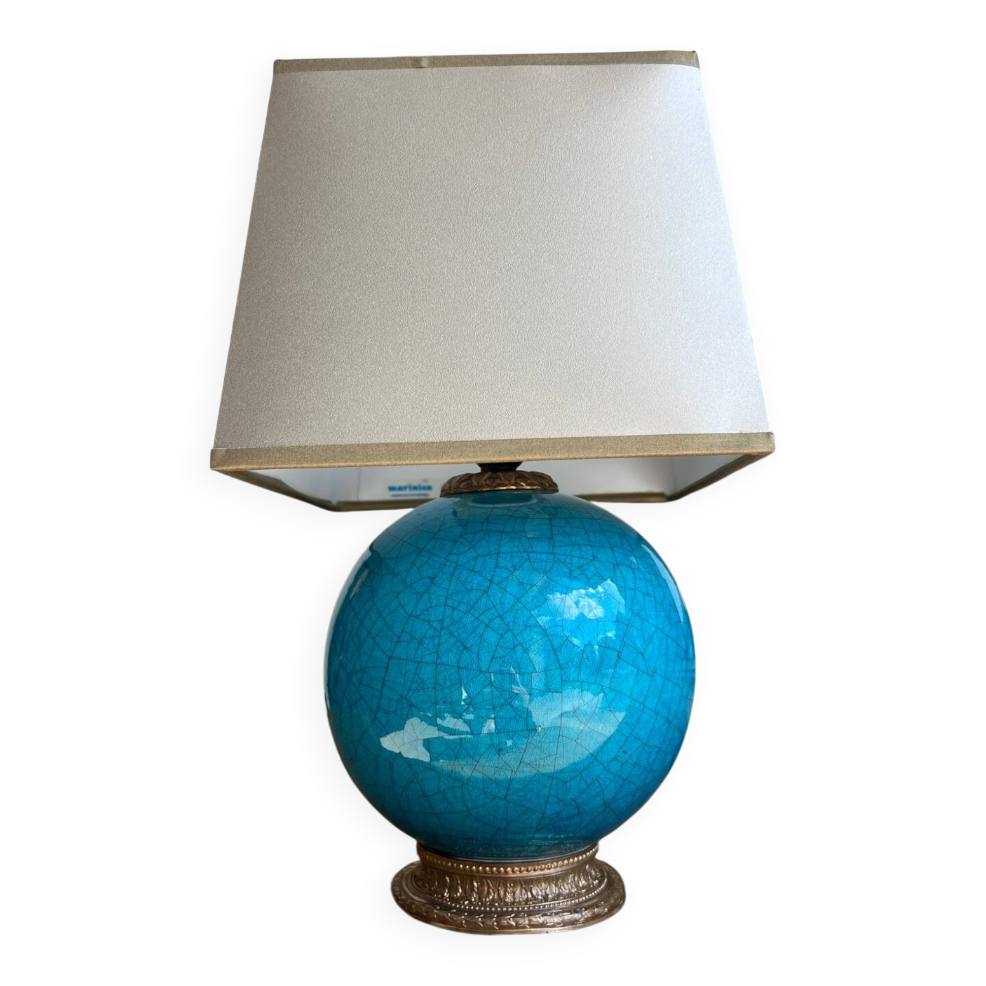 Elegant turquoise crackled ceramic ball lamp, on a br base