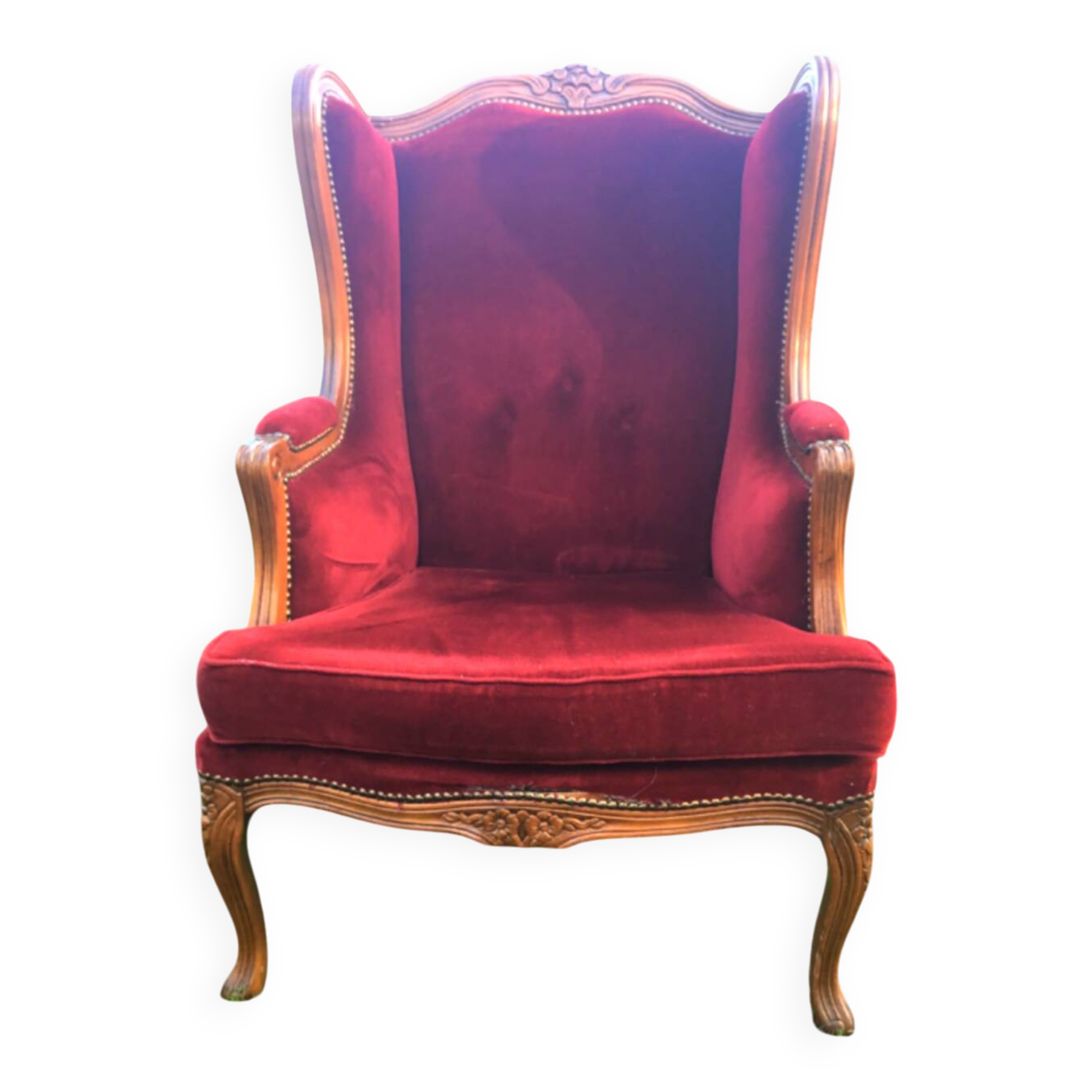 Louis XV style carved wooden shepherdess chair. Red velvet
