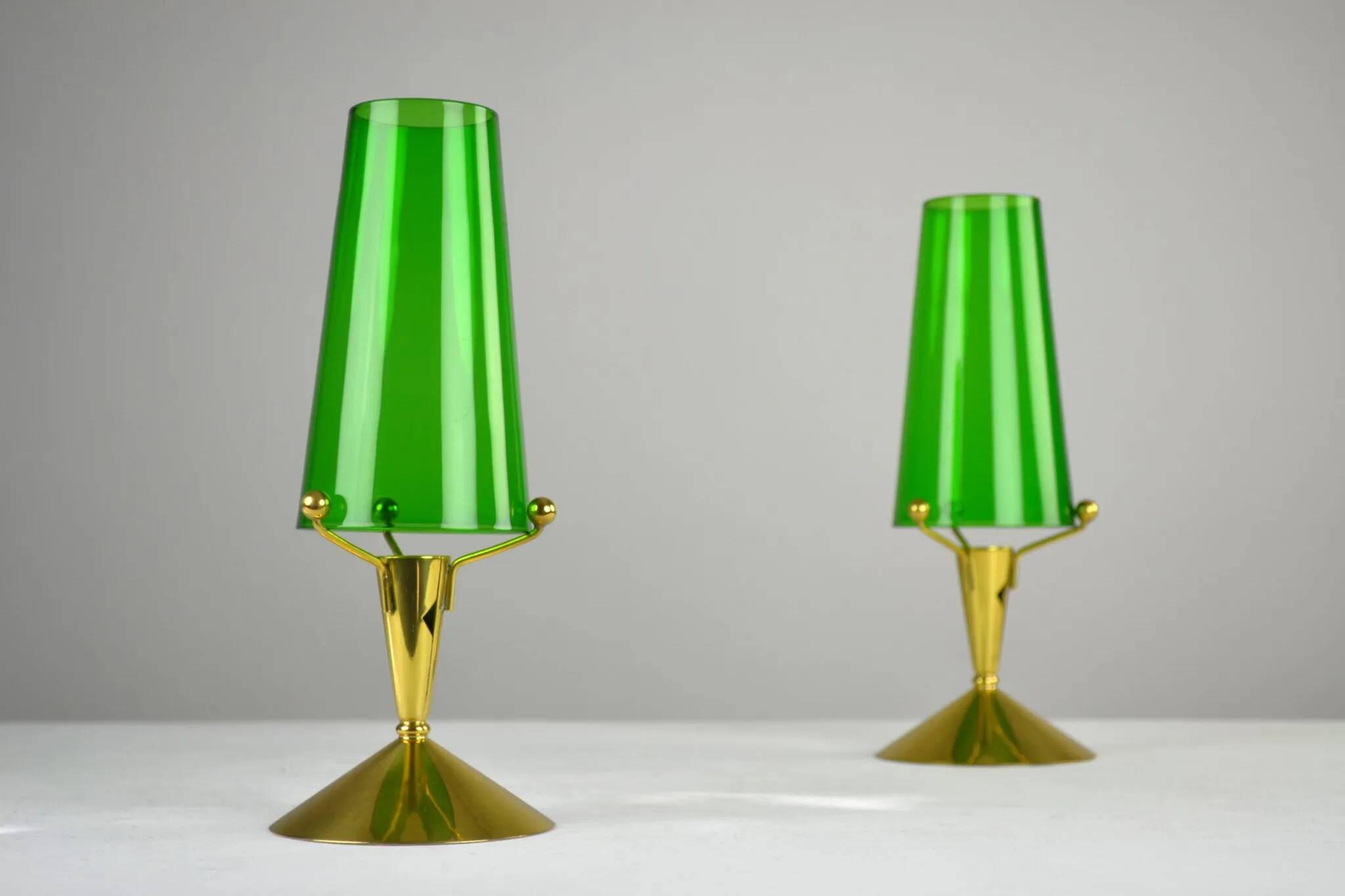 Pair of Brass & Green Glass Candleholders — Gunnar Ander for Ystad-Metall, Sweden, 1960s