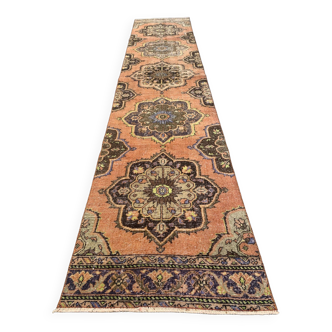 Tapis tribal vintage en laine, turc en détresse, 393x81 cm