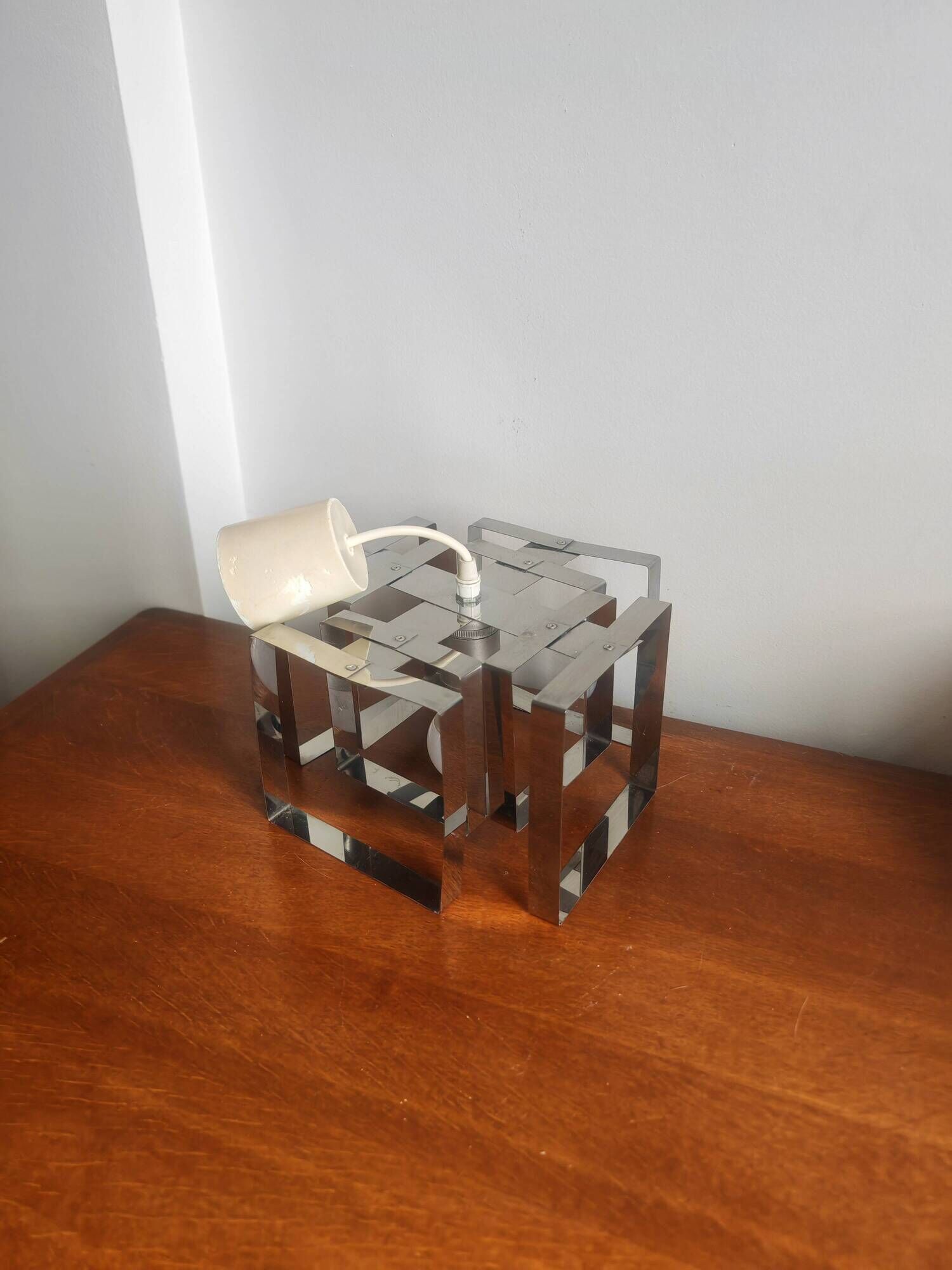 Lampe Cube Métal Chromé Vintage 70s - Style Sciolari / Rega