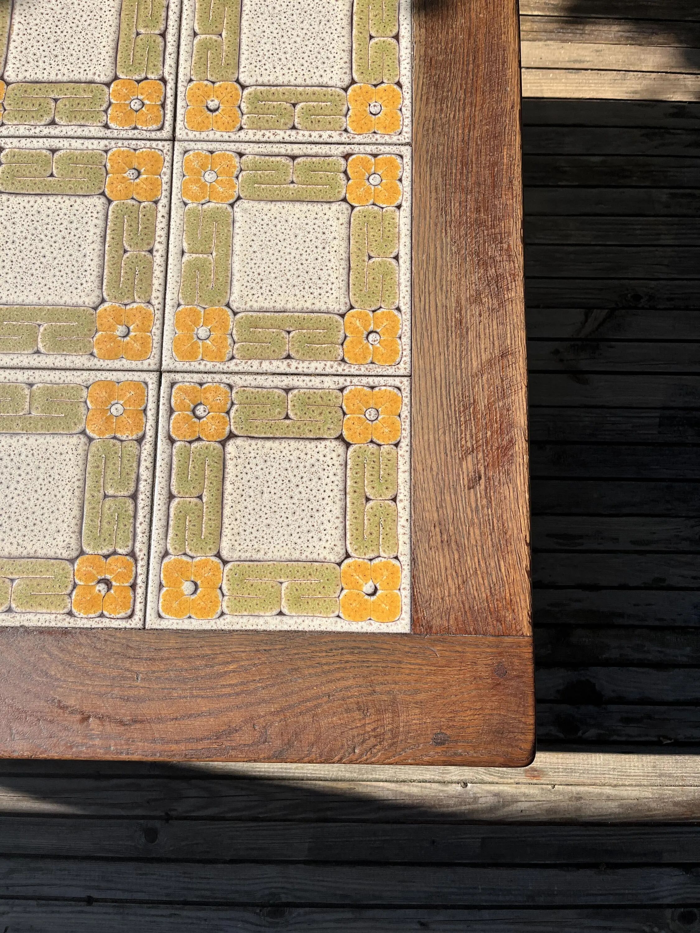 Large vintage 1960s oak and ceramic coffee table.