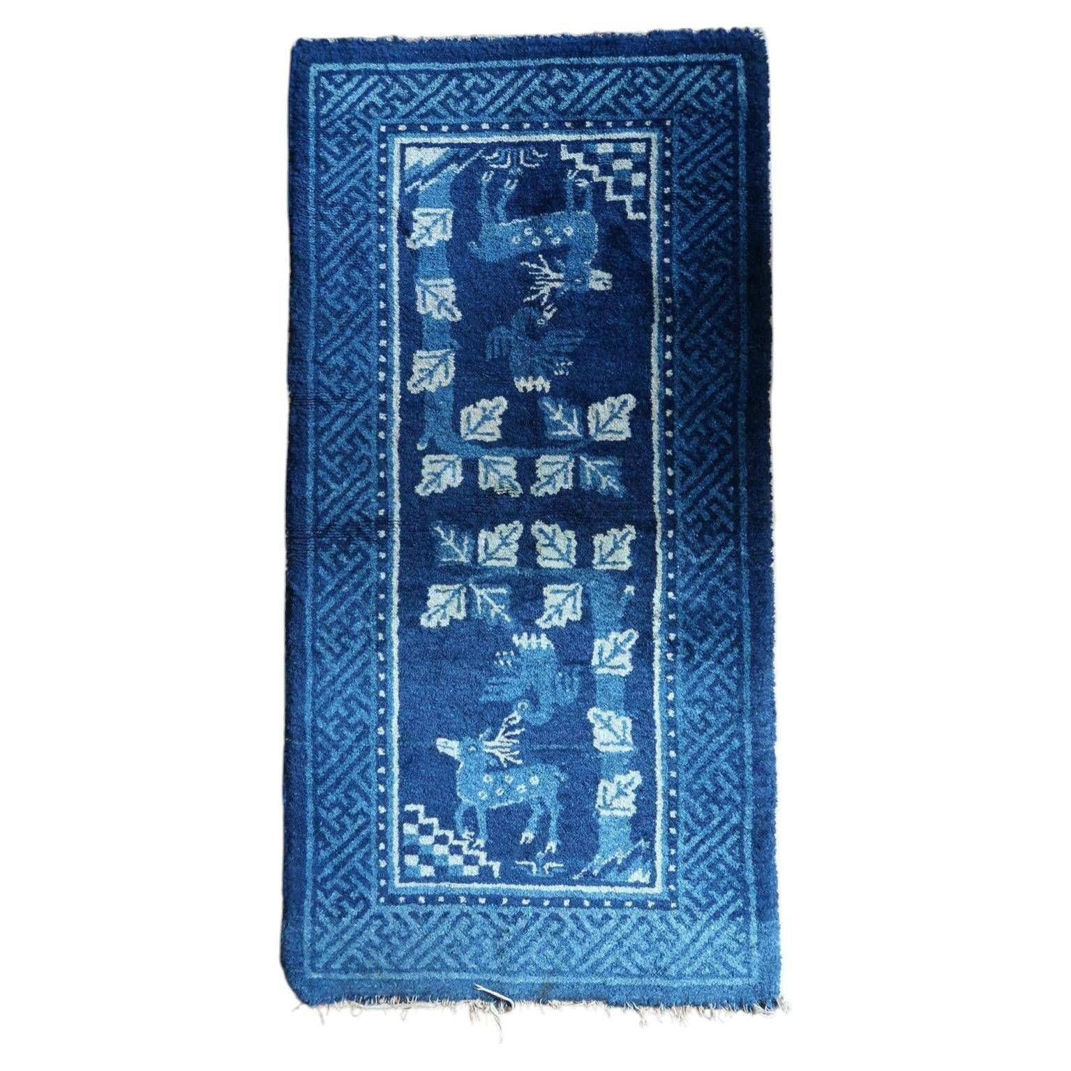1900s Chinese PaoTao wool rug with deer, blue & ivory, 67 × 131 cm - 1C1306