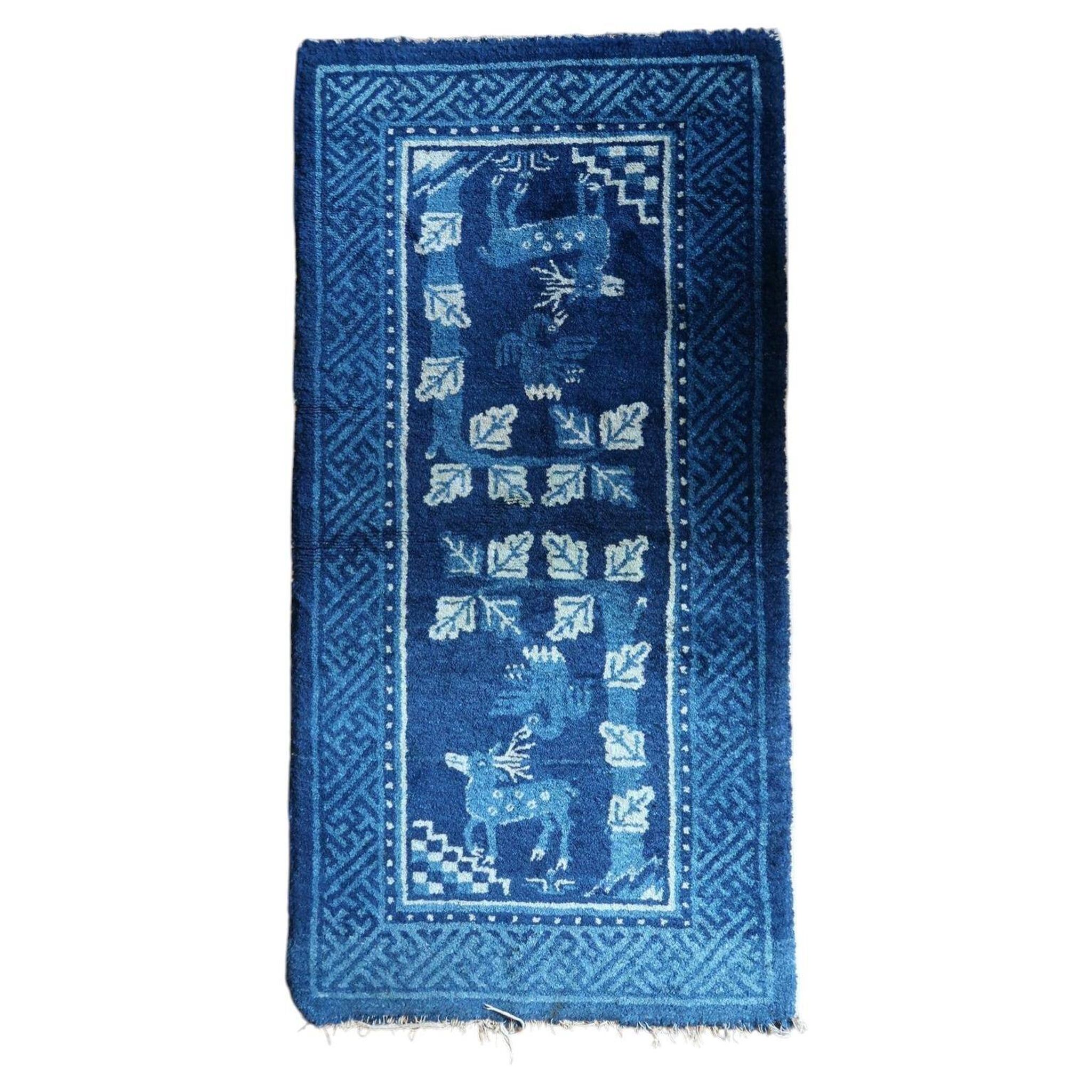 1900s Chinese PaoTao wool rug with deer, blue & ivory, 67 × 131 cm - 1C1306