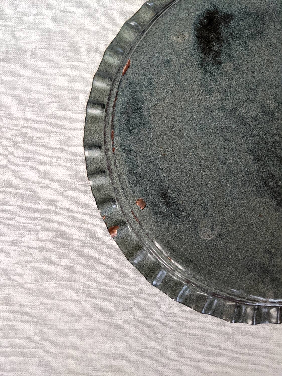 Extra-large enameled copper tray or catchall with ethnic tribal decoration.