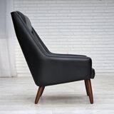 1970s, Danish highback armchair, black artificial leather, teak wood legs.