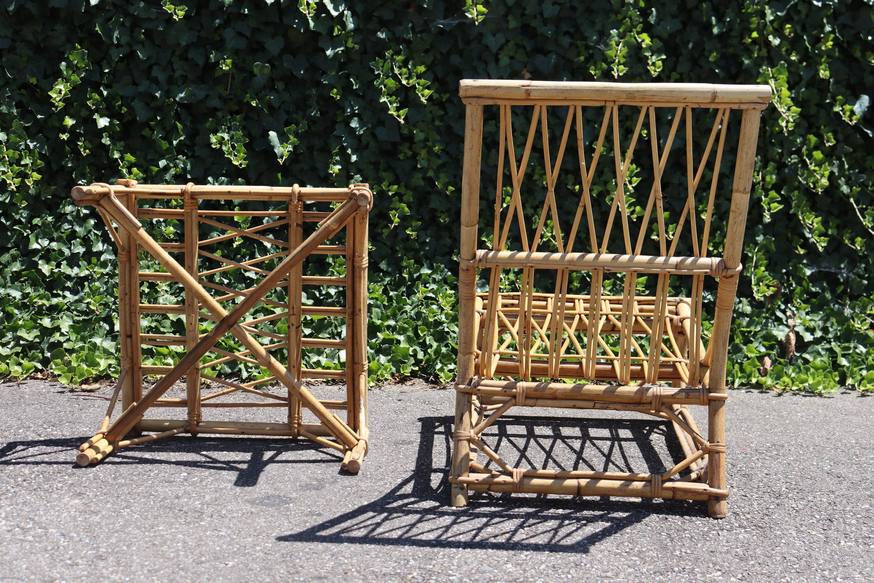 Rattan armchair and its footrest by Audoux & Minet 1950