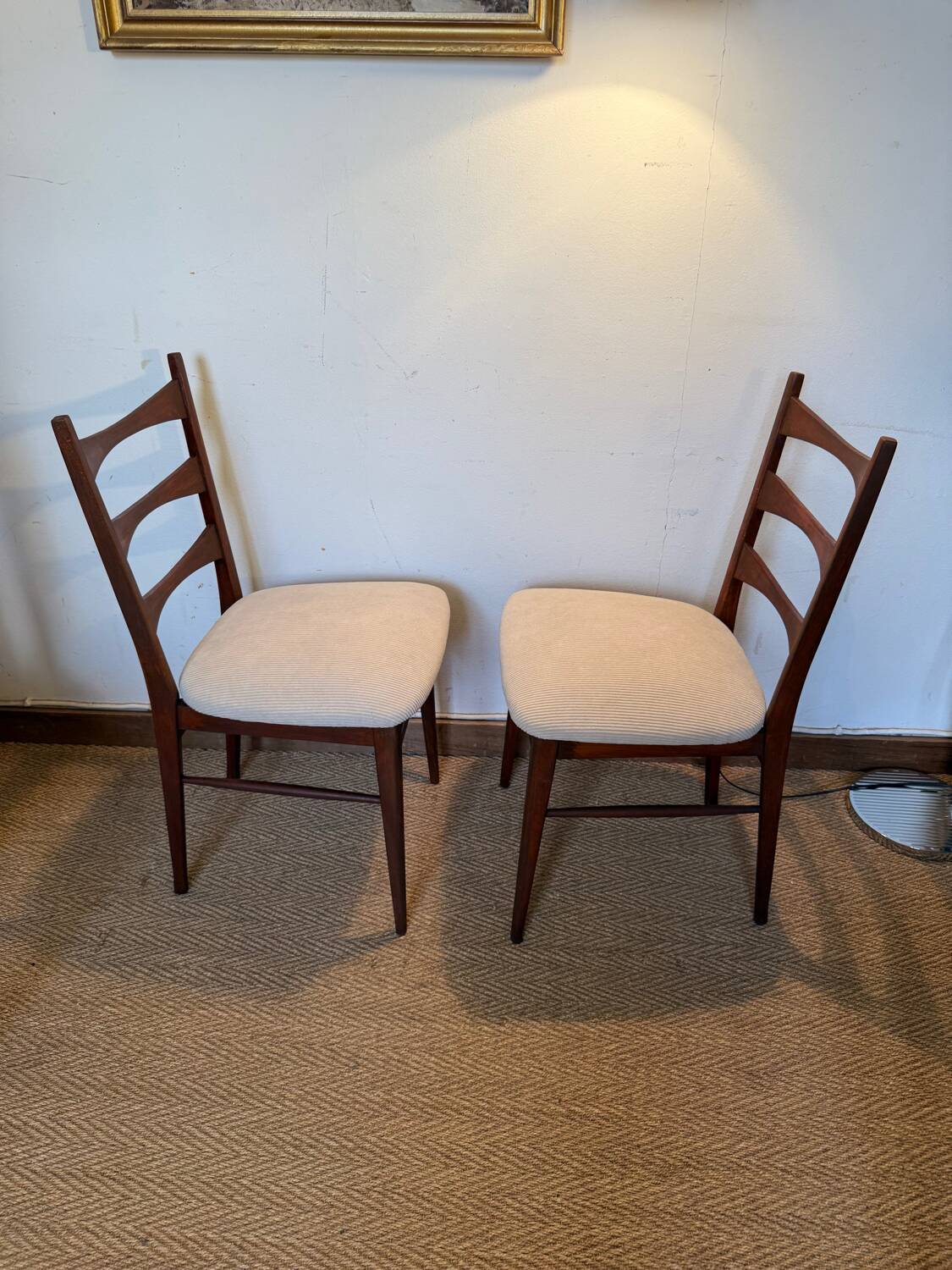 Pair of vintage wood and corduroy chairs