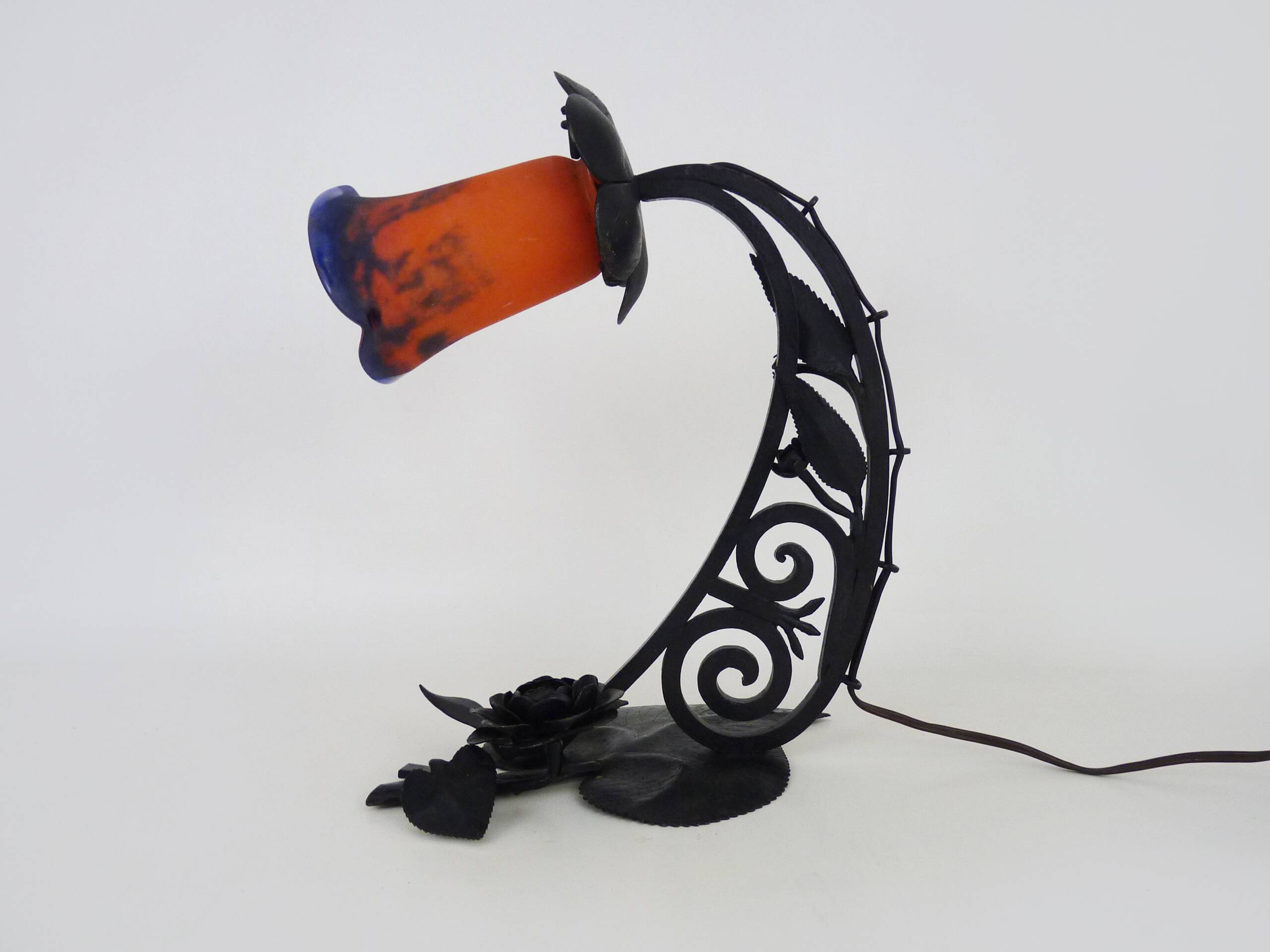 Art Deco Noverdy tulip lamp with black wrought iron base. 1930s