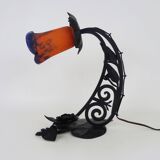 Art Deco Noverdy tulip lamp with black wrought iron base. 1930s