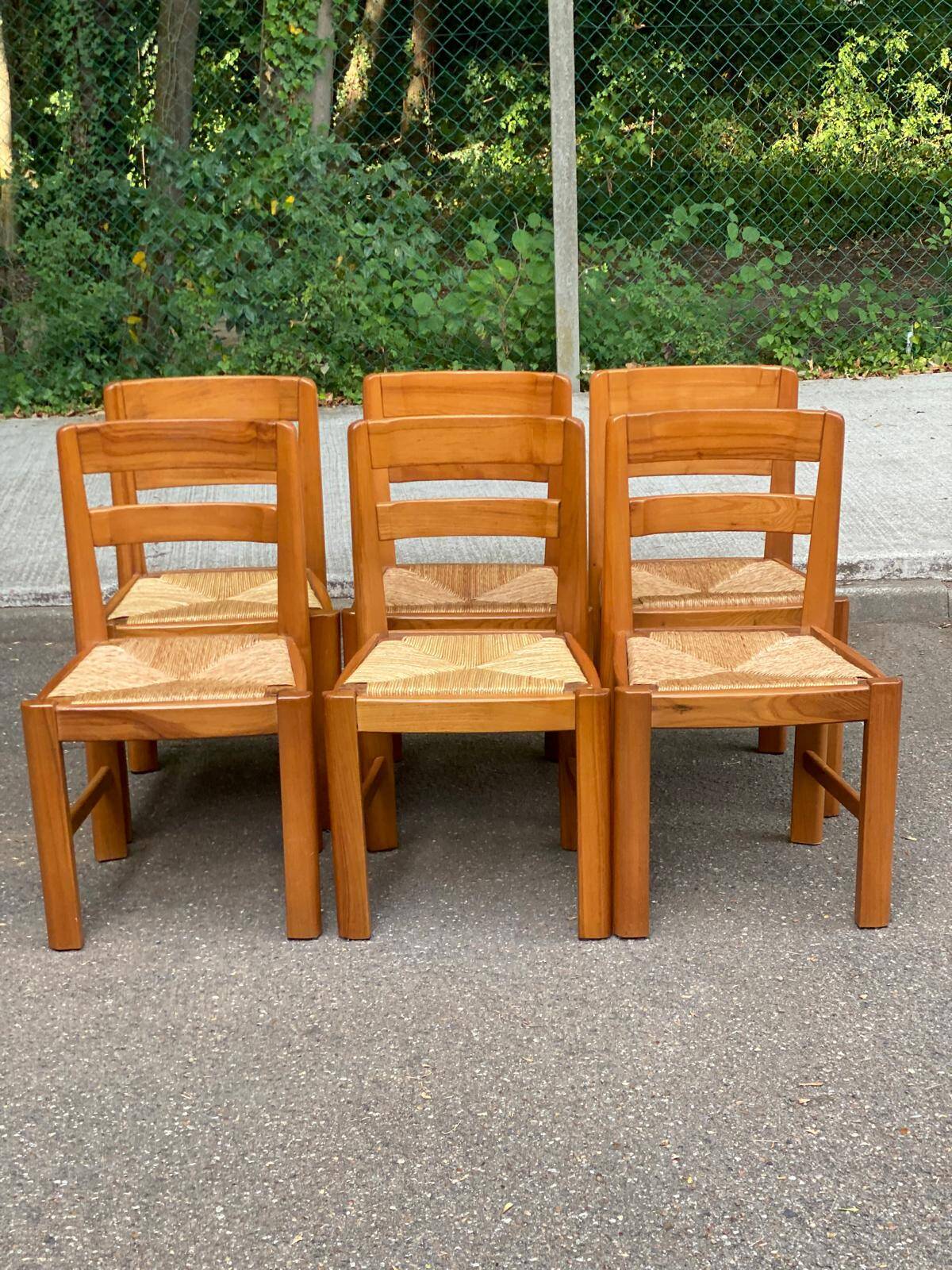 6 chaises brutalistes Maison Regain orme massif paillées années 80