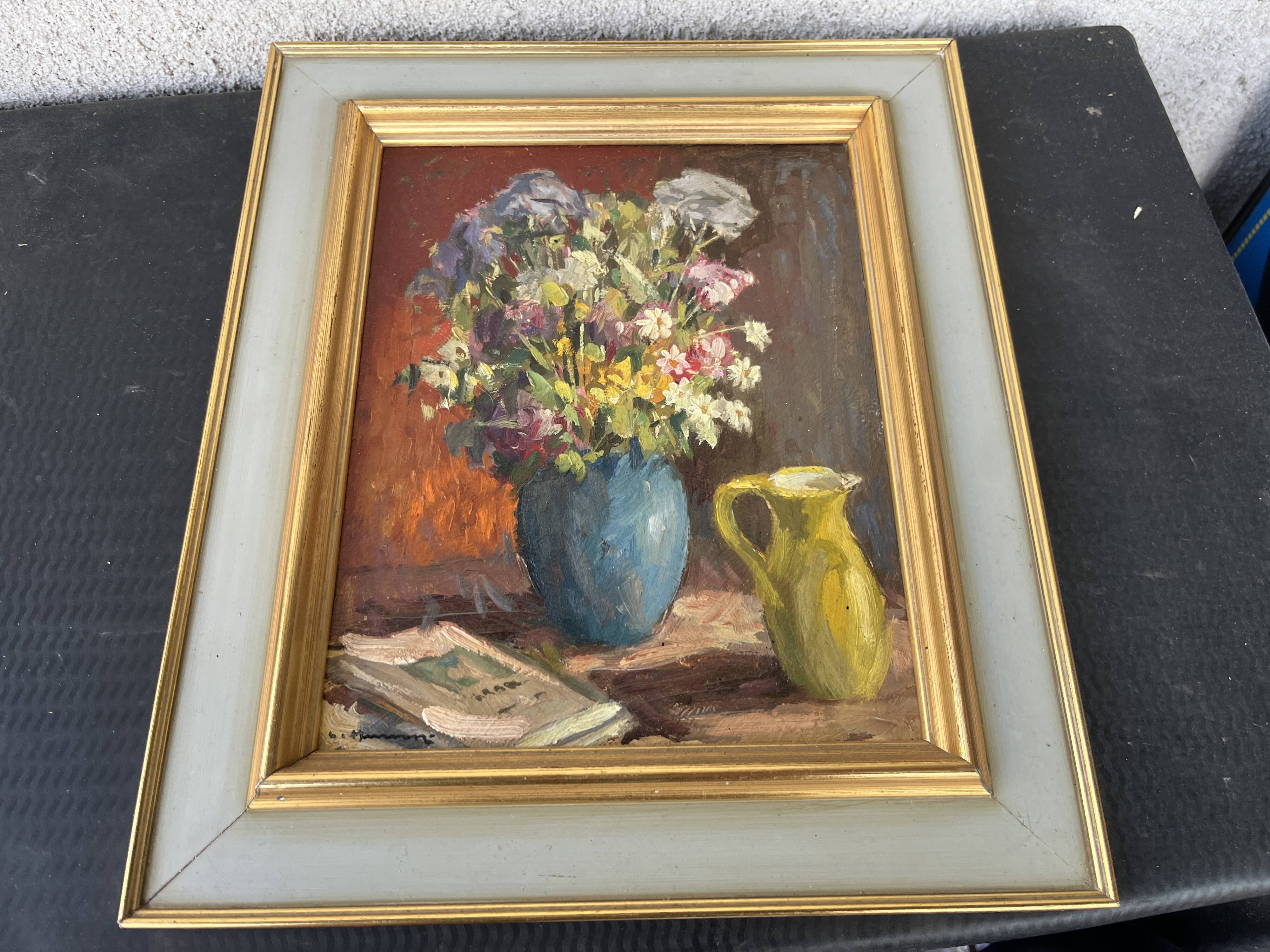 Tableau ancien nature morte "Bouquet de fleurs et pichet" – Huile sur panne