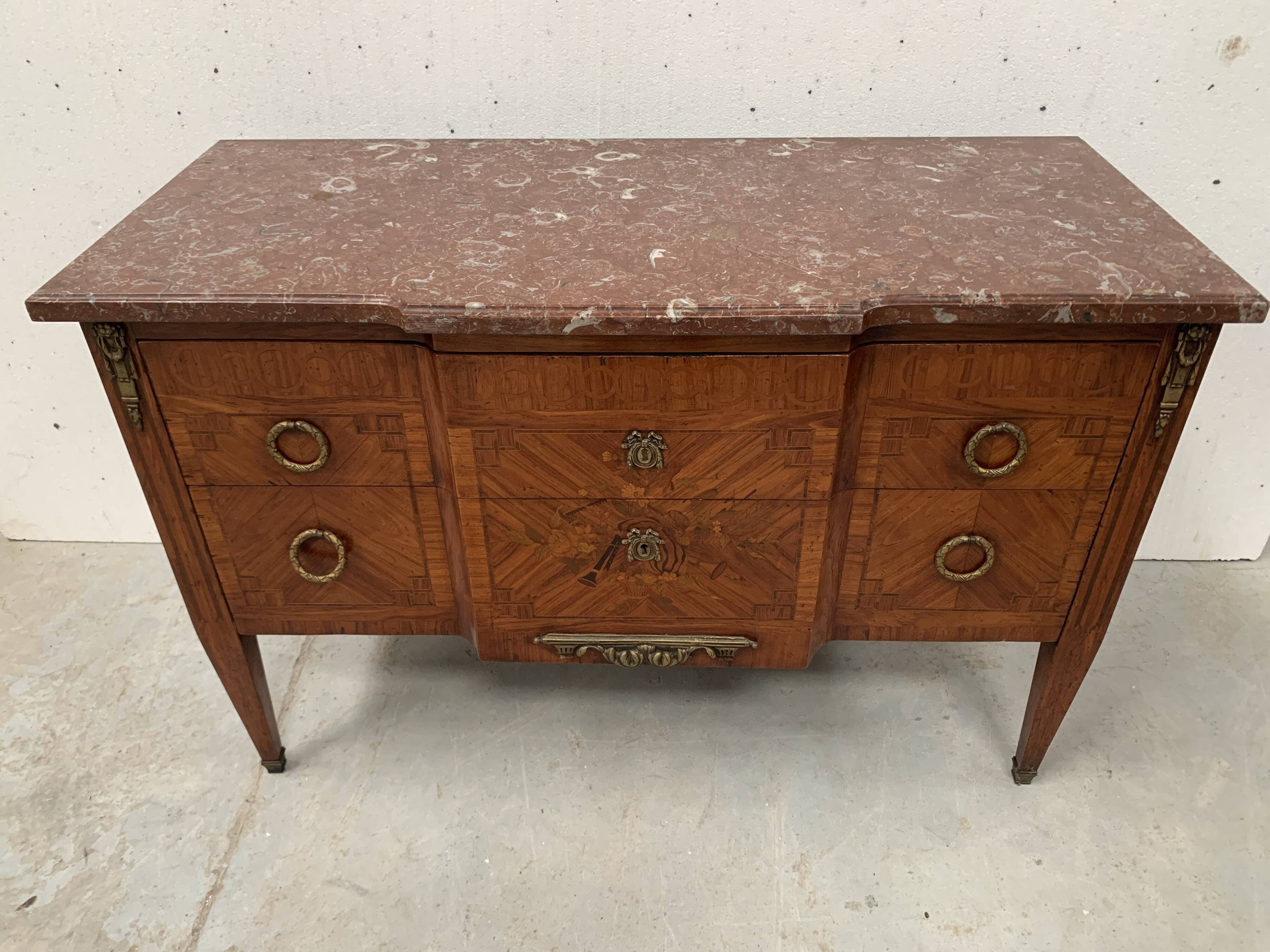 Louis XVI chest of drawers in wood veneer marquetry, 20th century