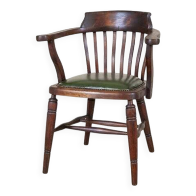 Fauteuil de bureau en hêtre du début du 20e siècle avec assise en cuir, années 1950
