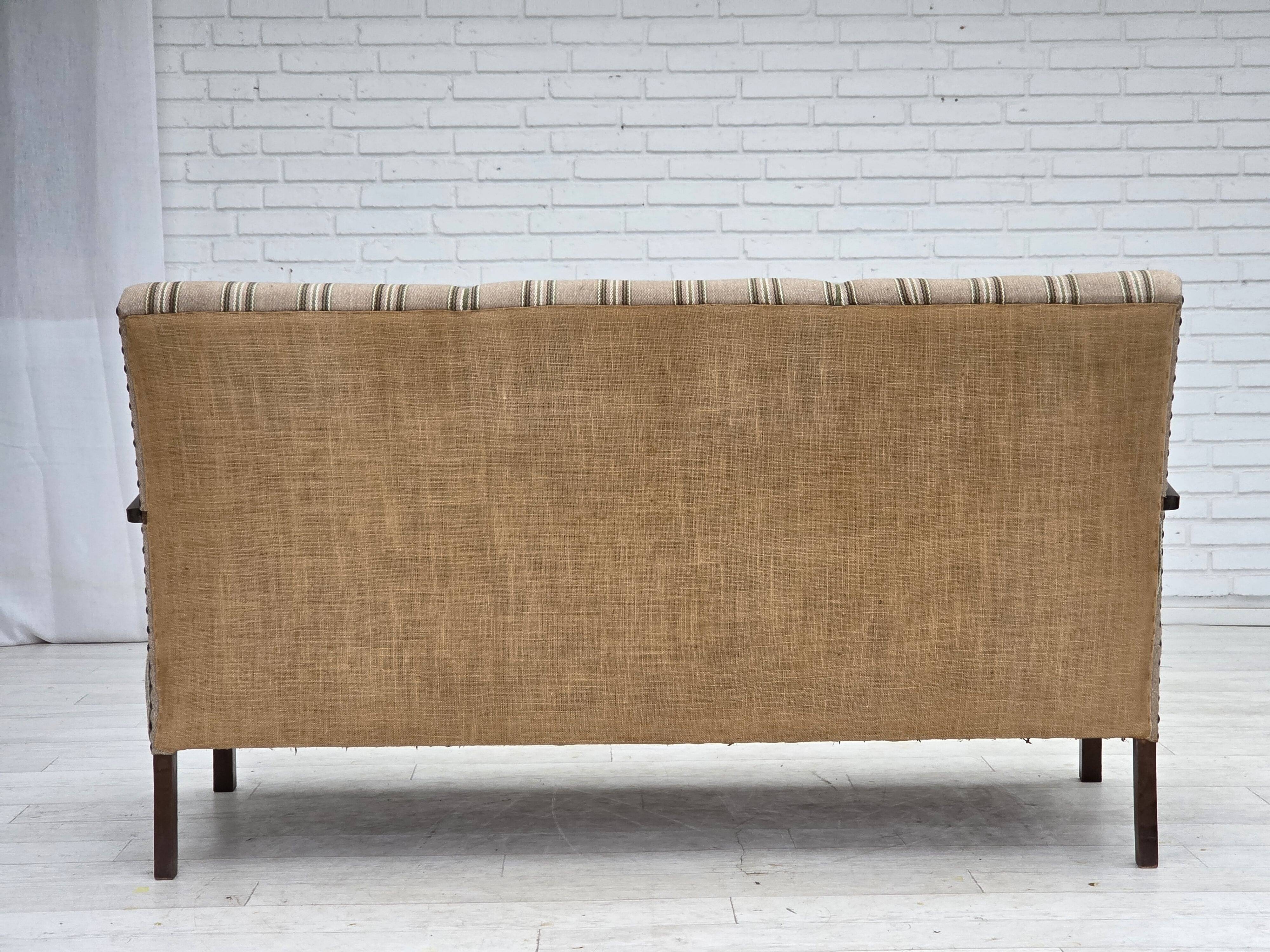 1950s, Danish 2-seater sofa, beige furniture wool fabric, beech wood legs.