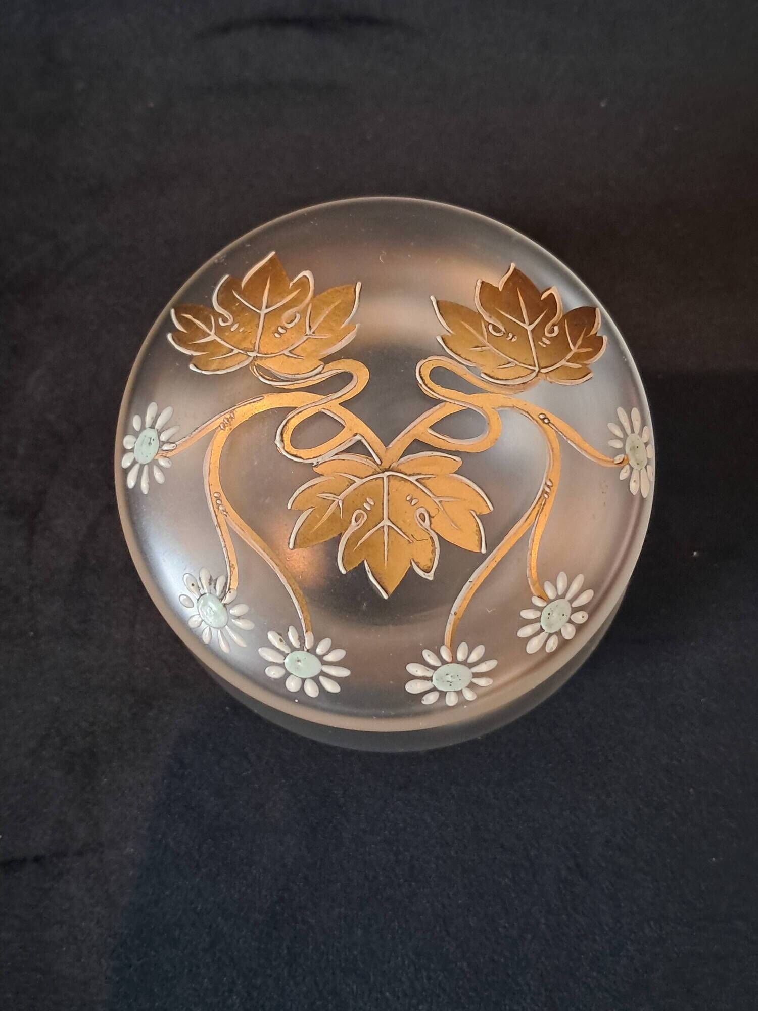 Art nouveau satin glass candy dish with enamel painted floral decor