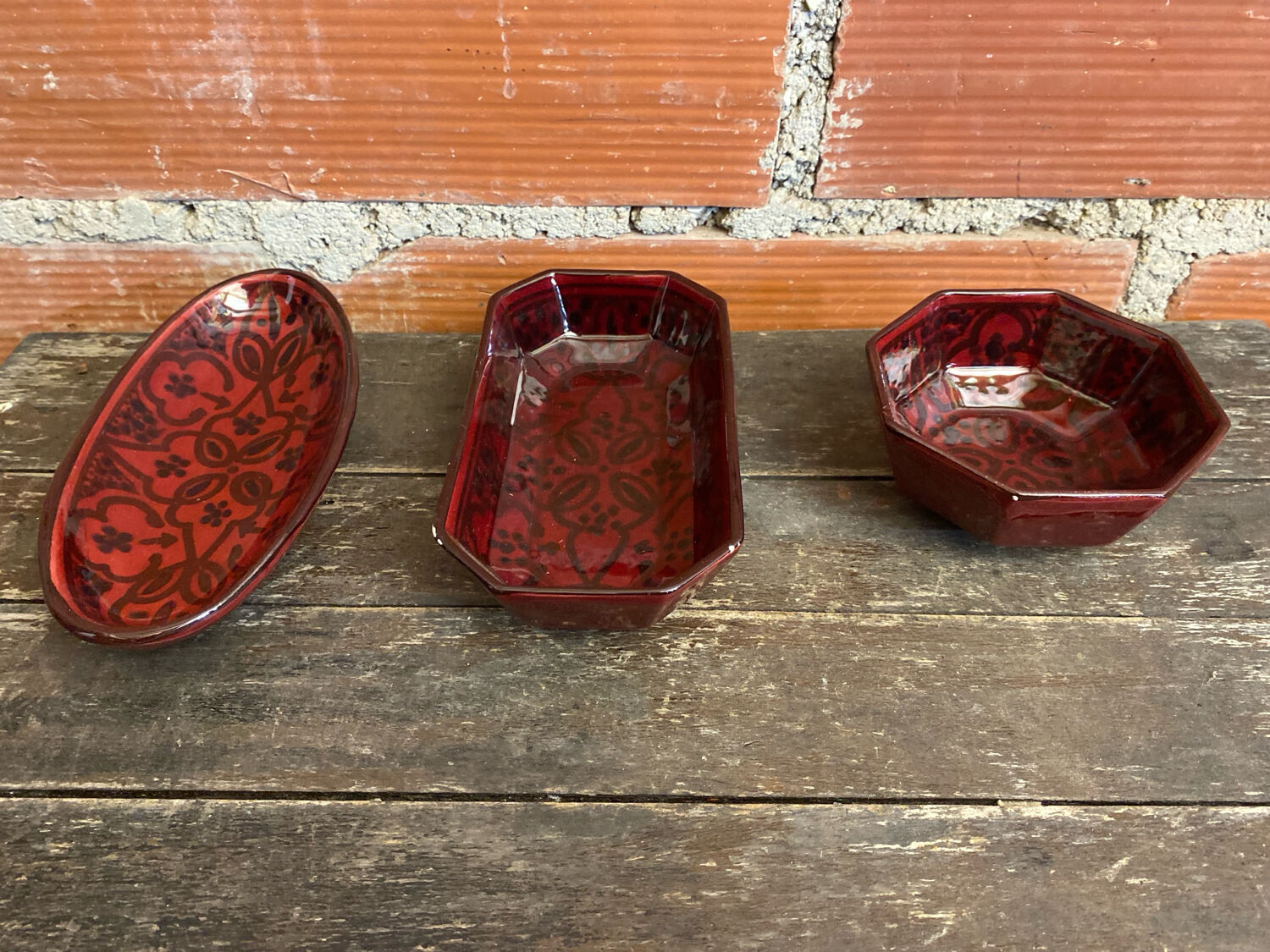 Set of 3 Vintage Red Oriental Ceramic Pocket Vases with Black Decor