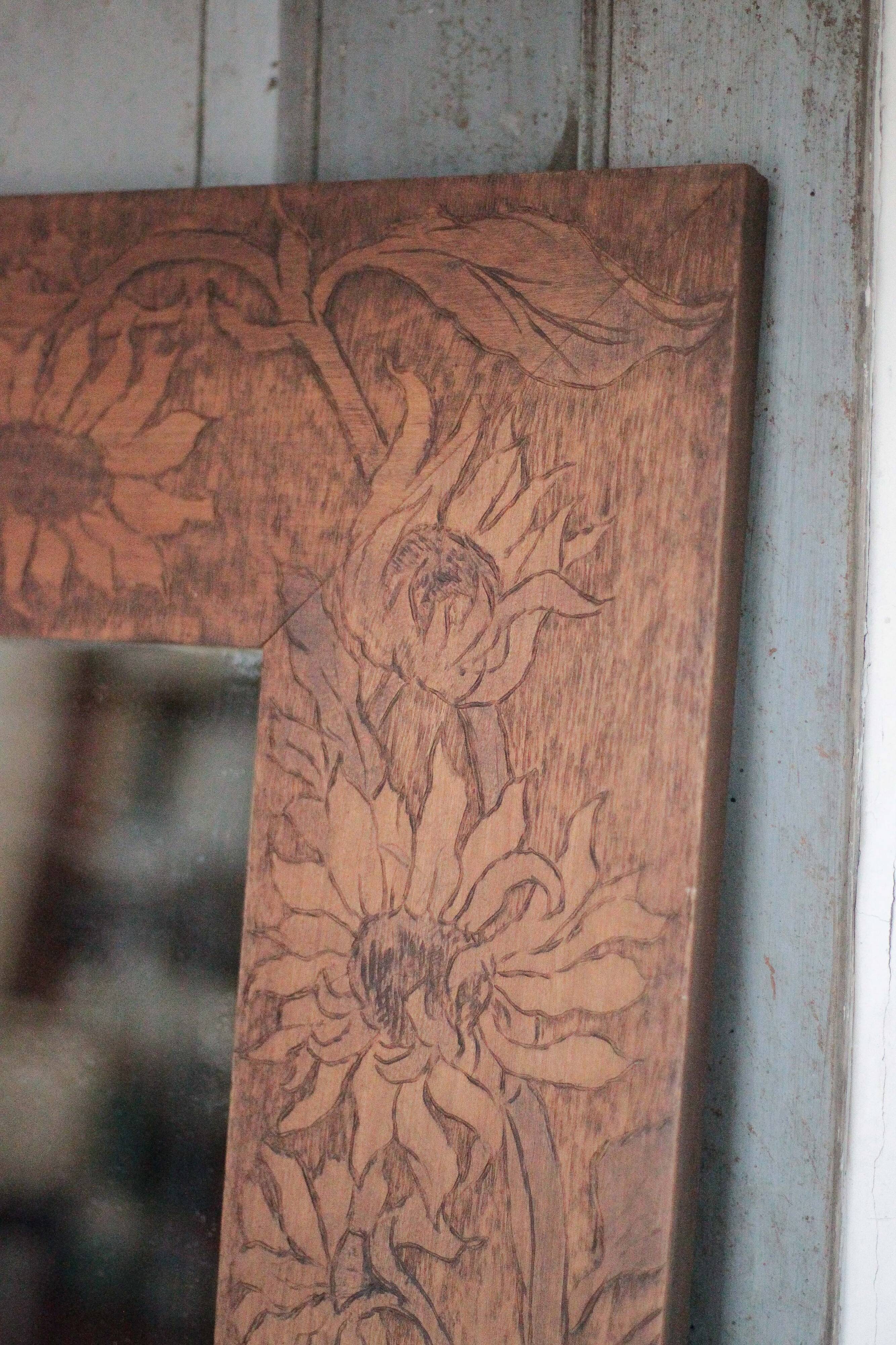 Large wooden mirror with floral pattern, wall mirror, wall glass.