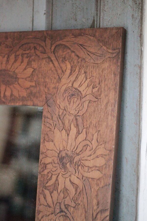 Grand miroir bois motif floral, miroir mural, glace murale