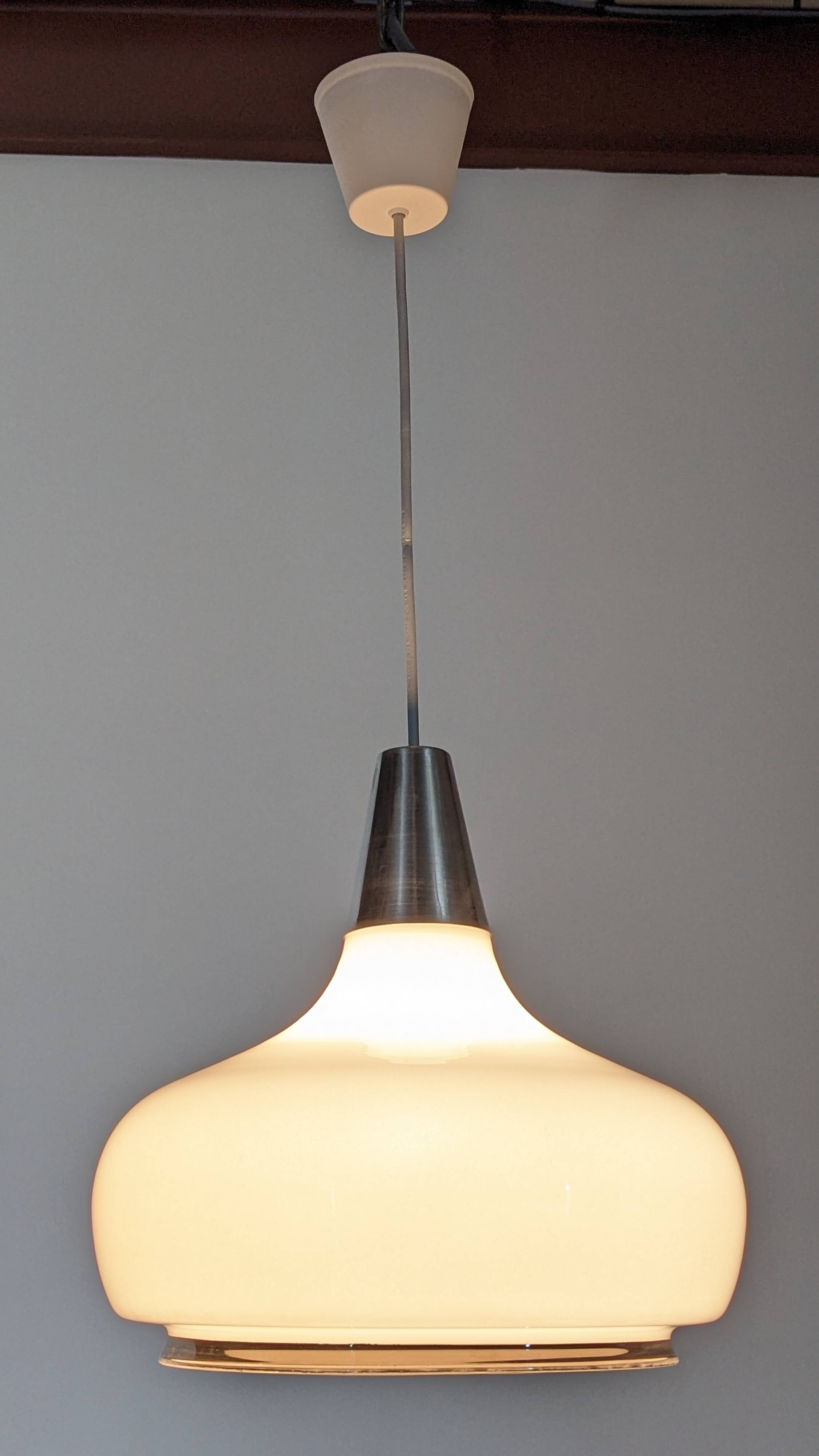 Water drop pendant light Space age in white opaline, France circa 1970.