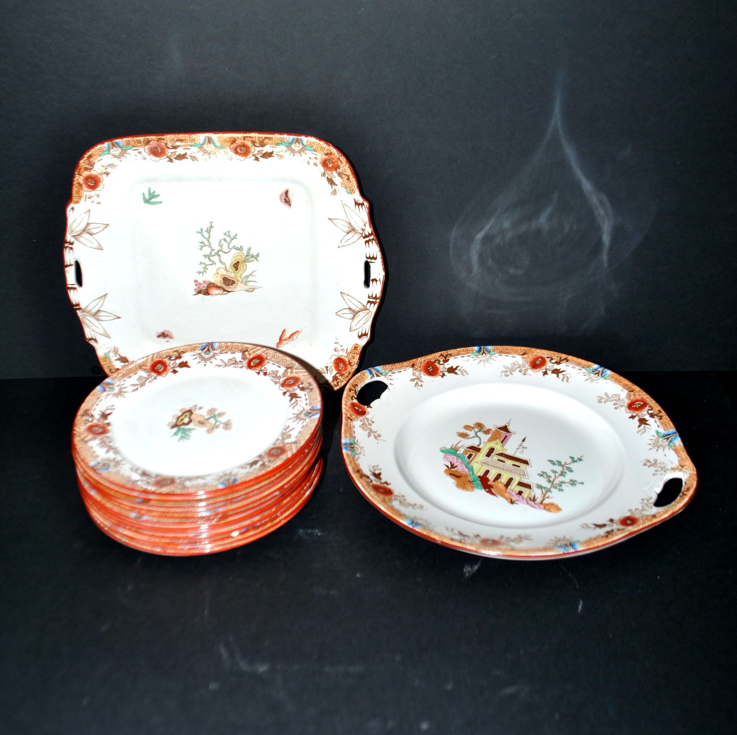 Sarreguemines dessert service 12 plates opaque earthenware bamboo polychrome Asian Chinese decor