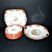 Sarreguemines dessert service 12 plates opaque earthenware bamboo polychrome Asian Chinese decor