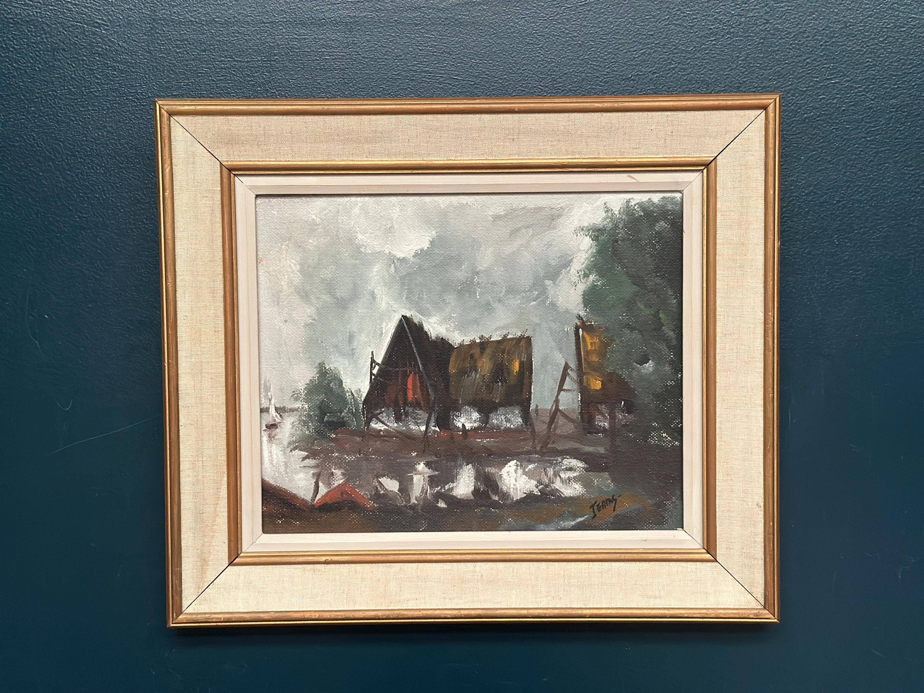 Original Swedish Oil on Panel – “Cabin by the Water” by Jeams – Signed