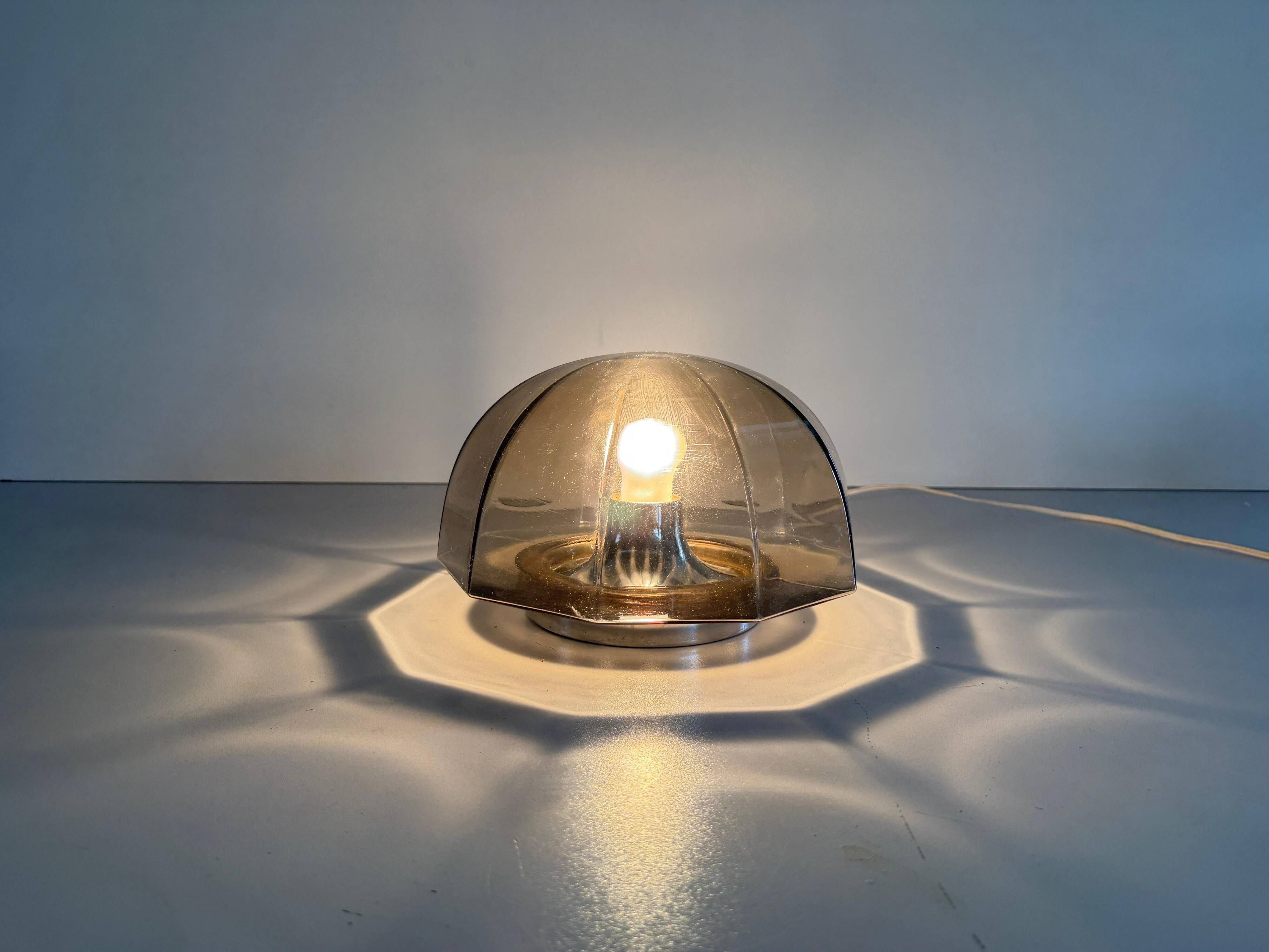 Flush-mounted brown glass fixture and metal base by N Leuchten, 1960s, Germany.