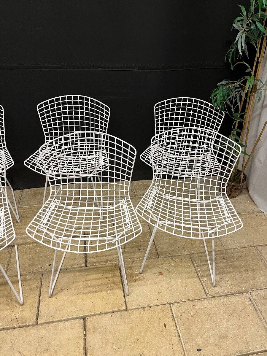 4 Chaises vintages Harry Bertoia Wire en maille de der Laqué Blanc Knoll