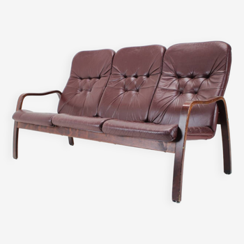 1980 Three-Seater Leather Sofa, Tone Czechoslovakia