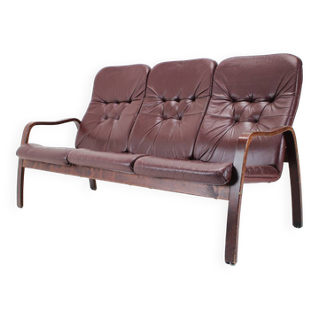 1980 Three-Seater Leather Sofa, Tone Czechoslovakia