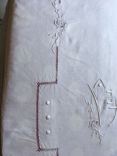 Antique linen sheet embroidered by hand and monogram t t 226 x 324