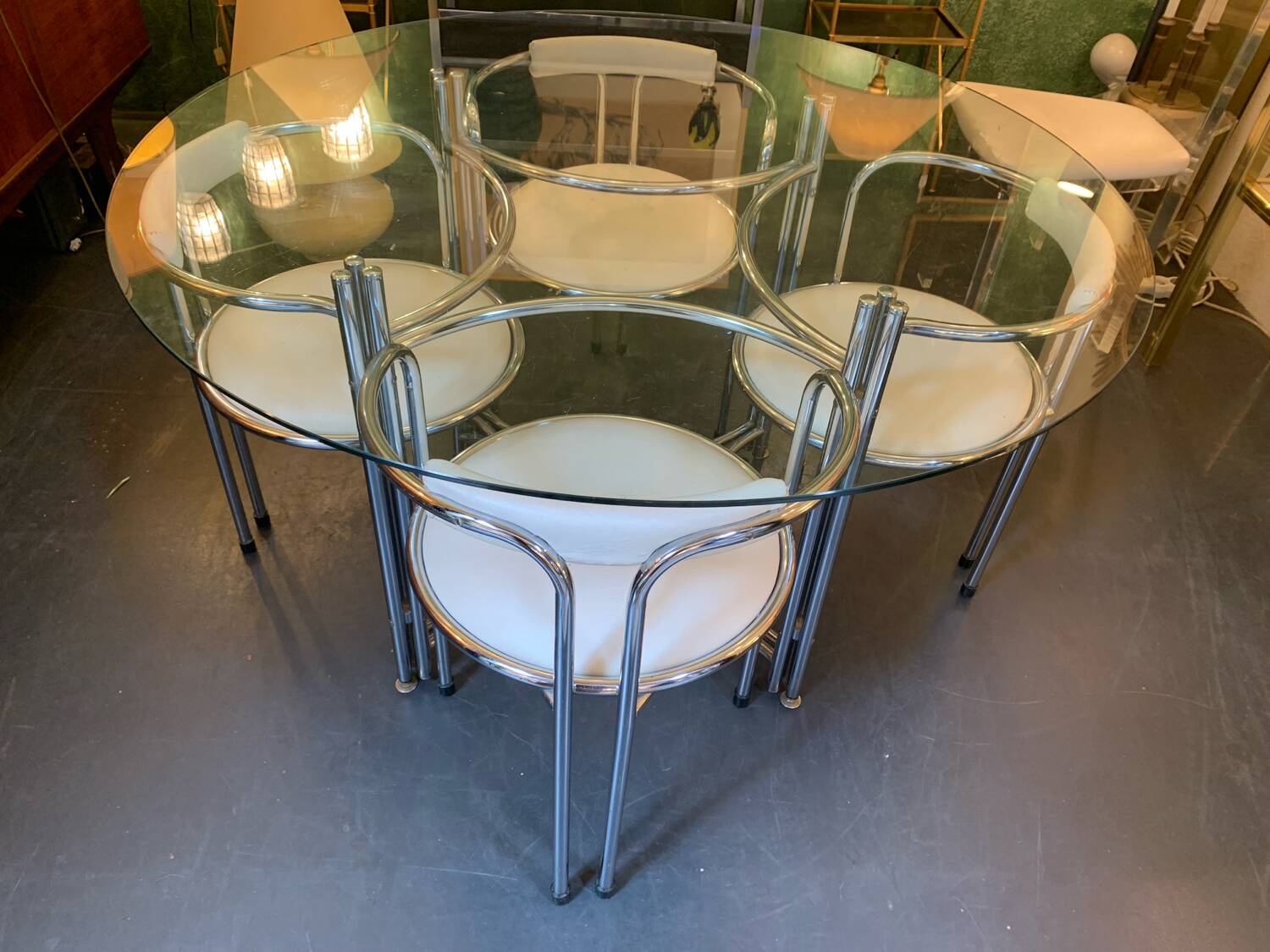 Ensemble table et chaises chrome et verre