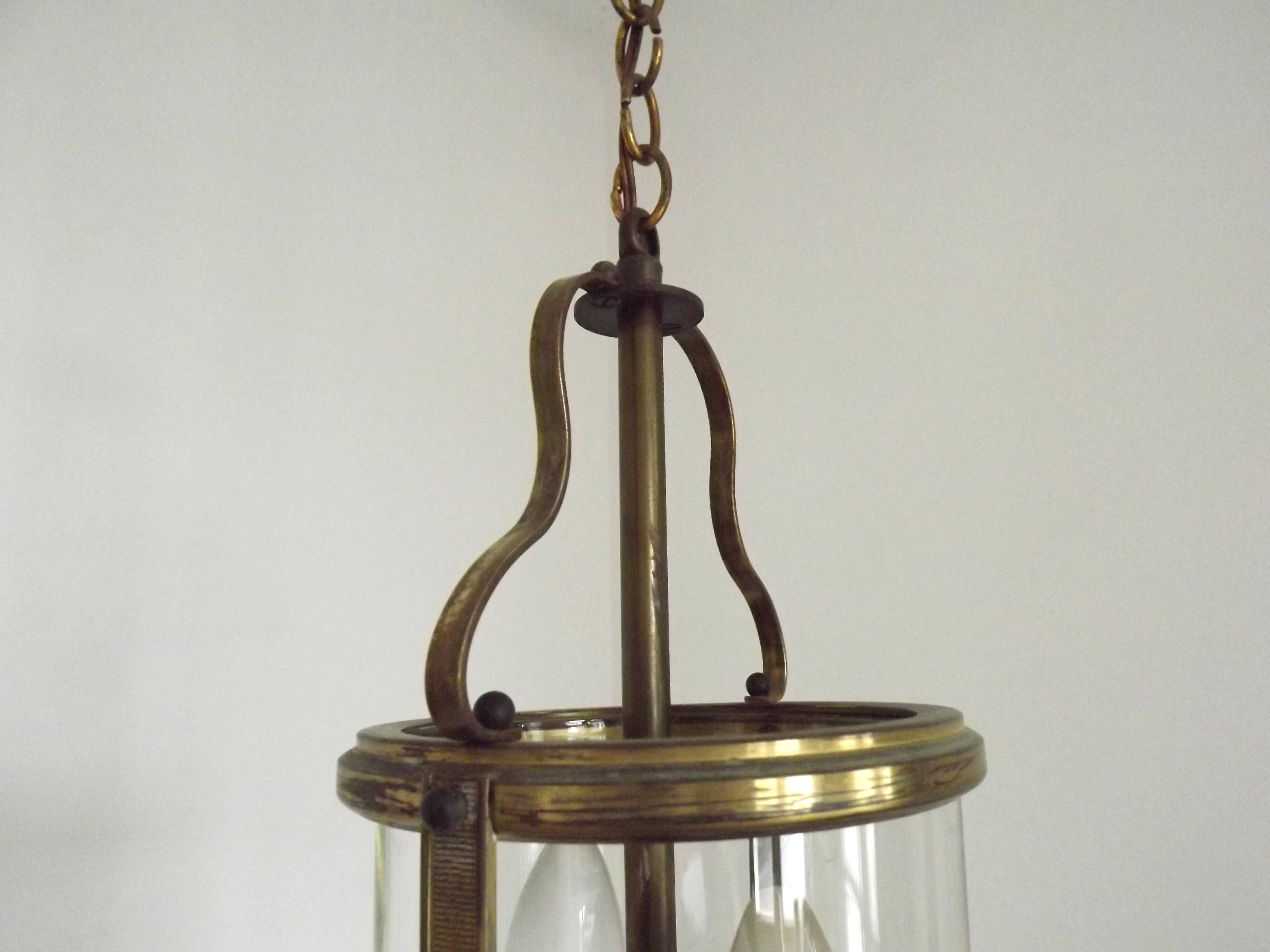 French Vintage Brass 2 Light Hanging Lantern With Cylindrical Glass Shade 4948