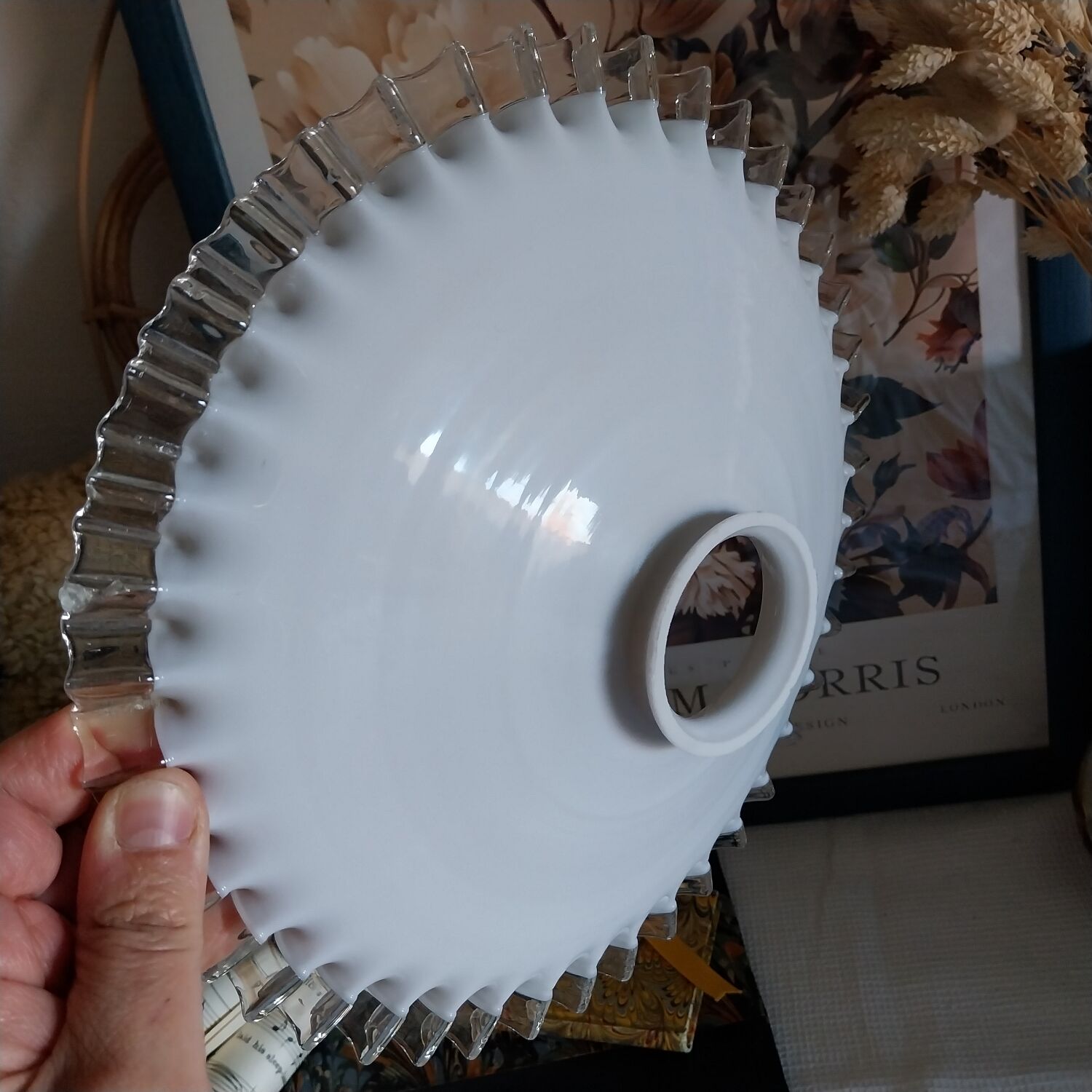 Old lace-edged conical lampshade in opaline