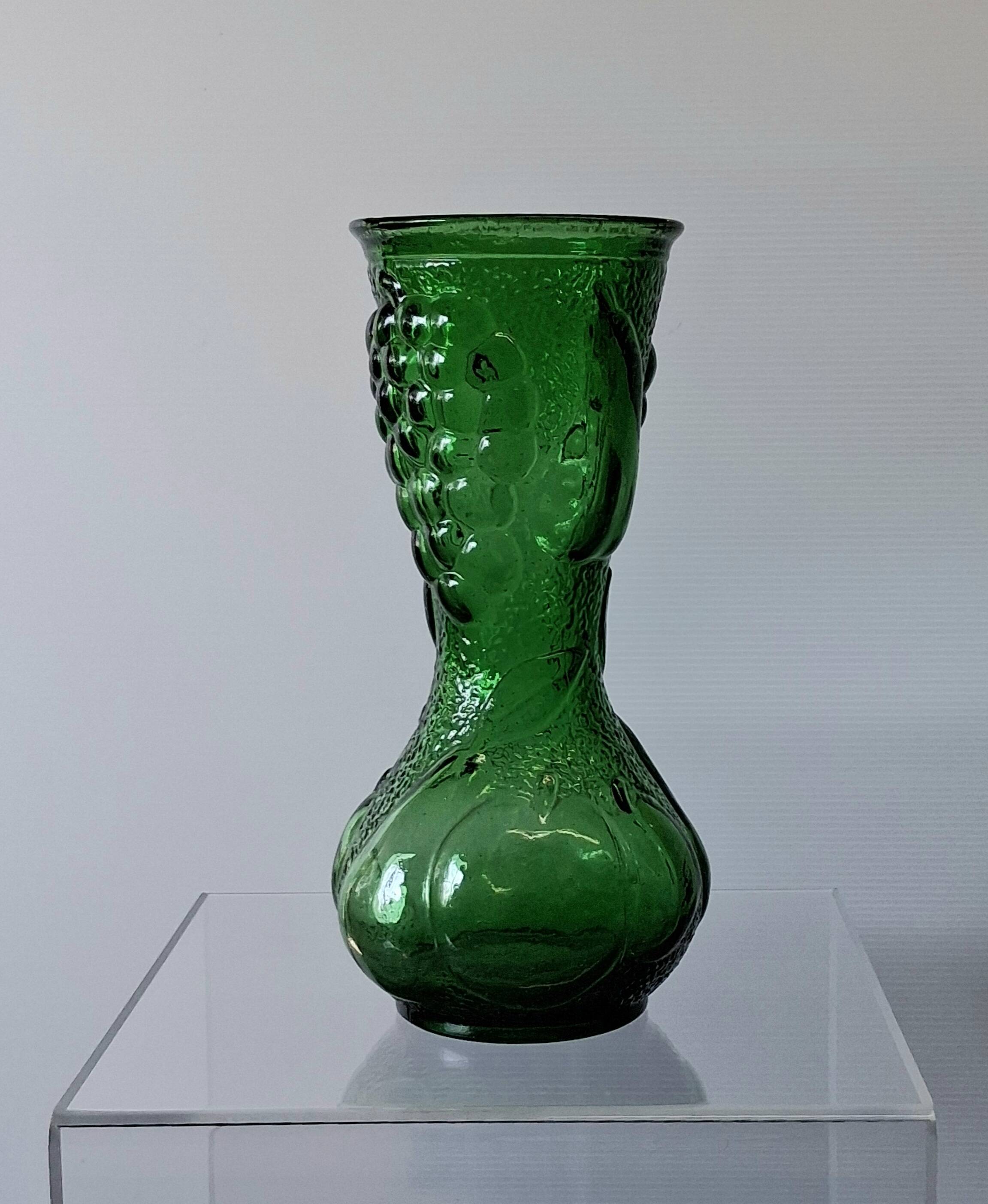 Vintage green glass vase with a fruit design in very good condition.