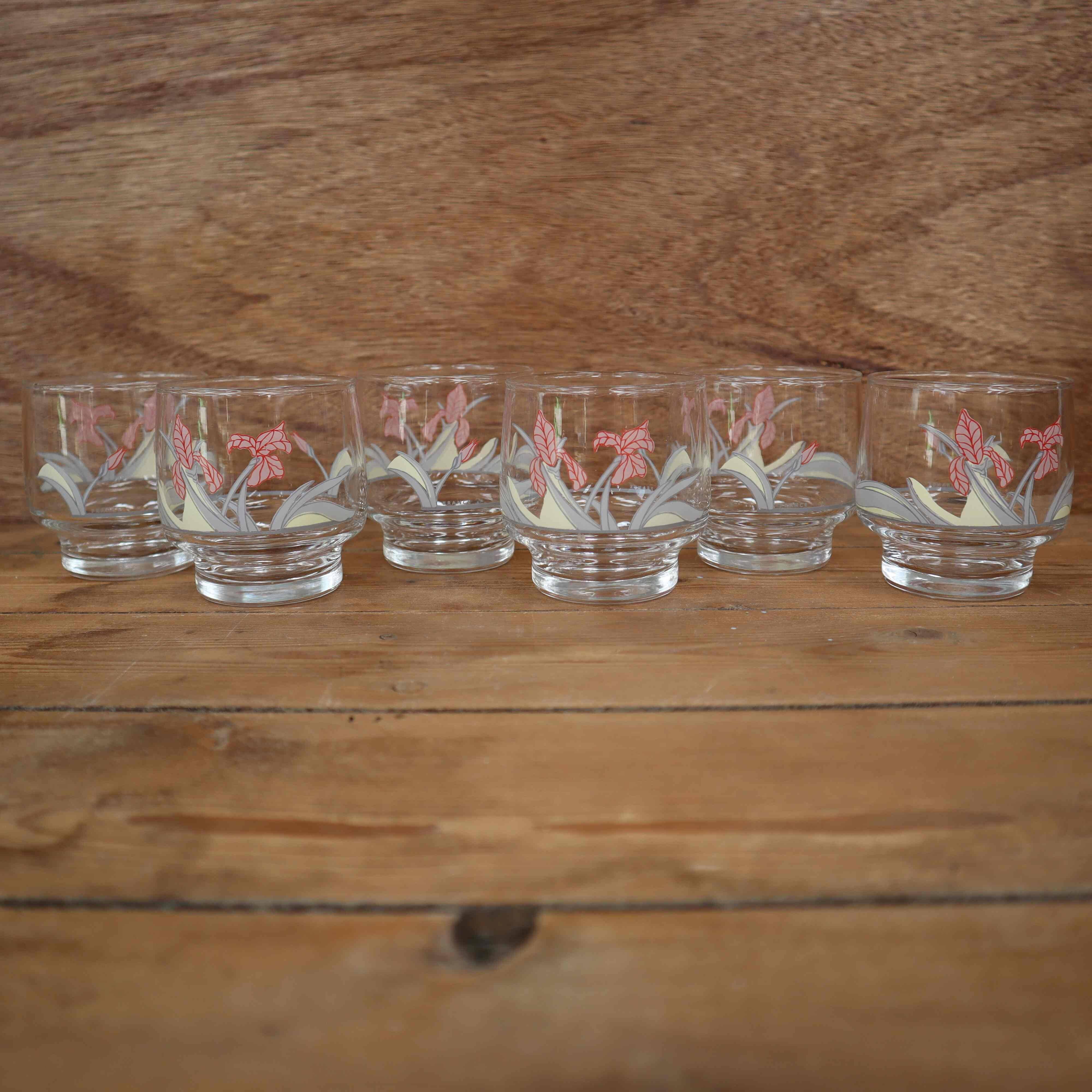 6 Verres transparent décors fleuris Luminarc vintage