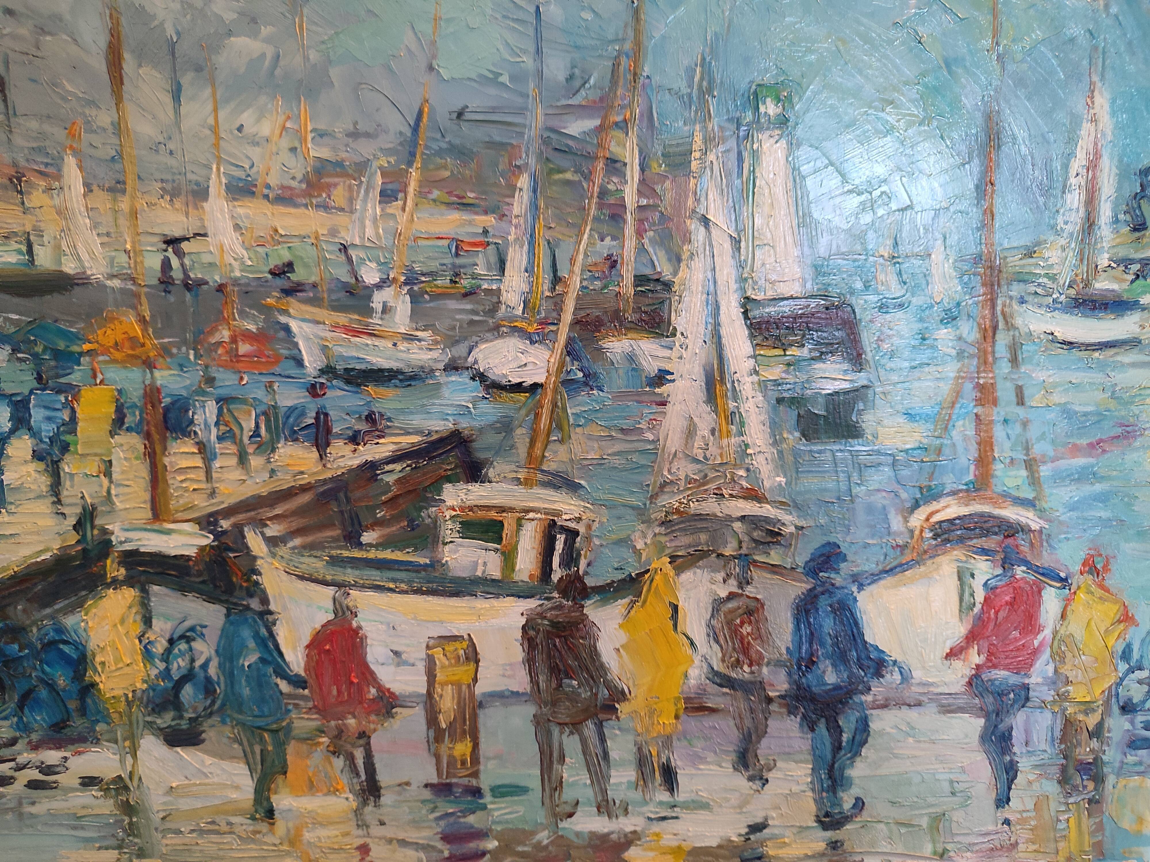 Oil painting on panel Alain Duperay port Breton, arrival of the fishermen