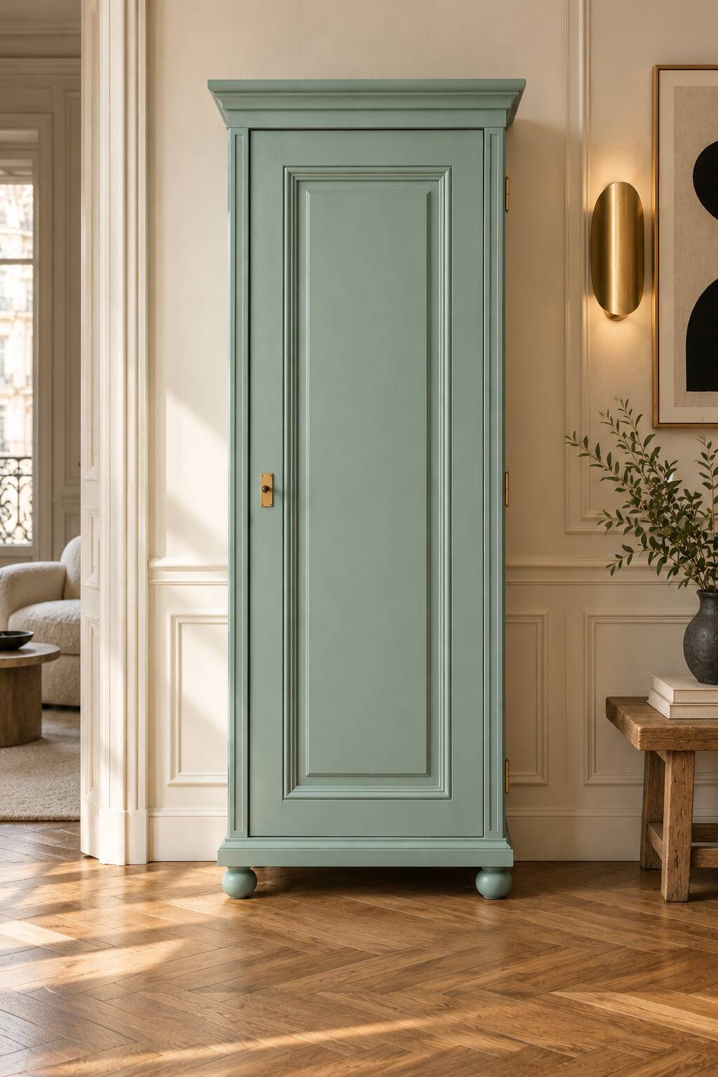 Parisian bonnetière, solid pine, Art Deco, renovated, grey-green.