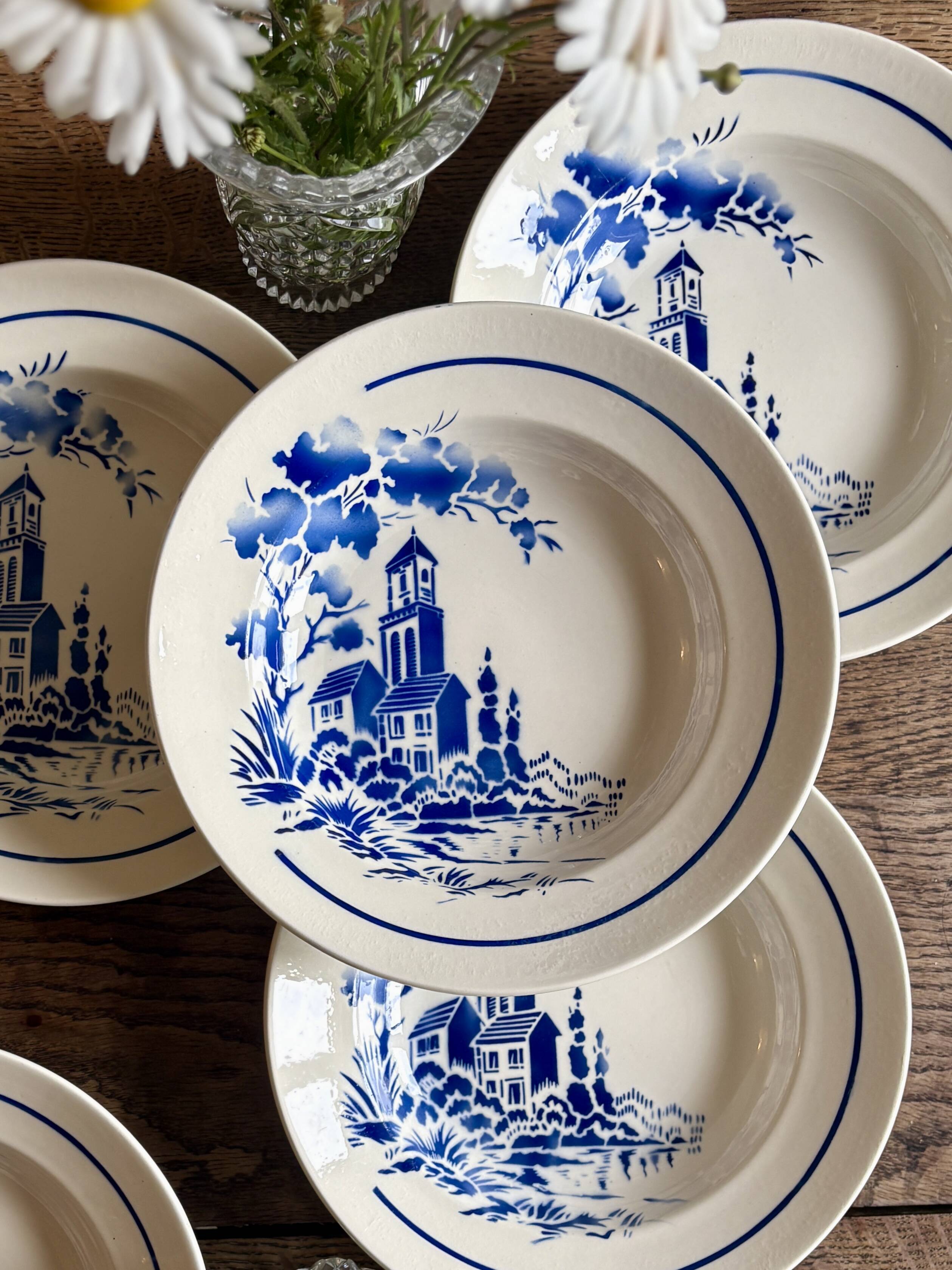 Set of 6 vintage deep plates with village decorations - Badonvillier