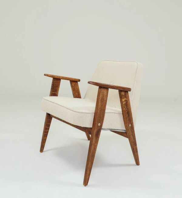 Vintage armchair rustic wood beige bouclé design by Chierowsky