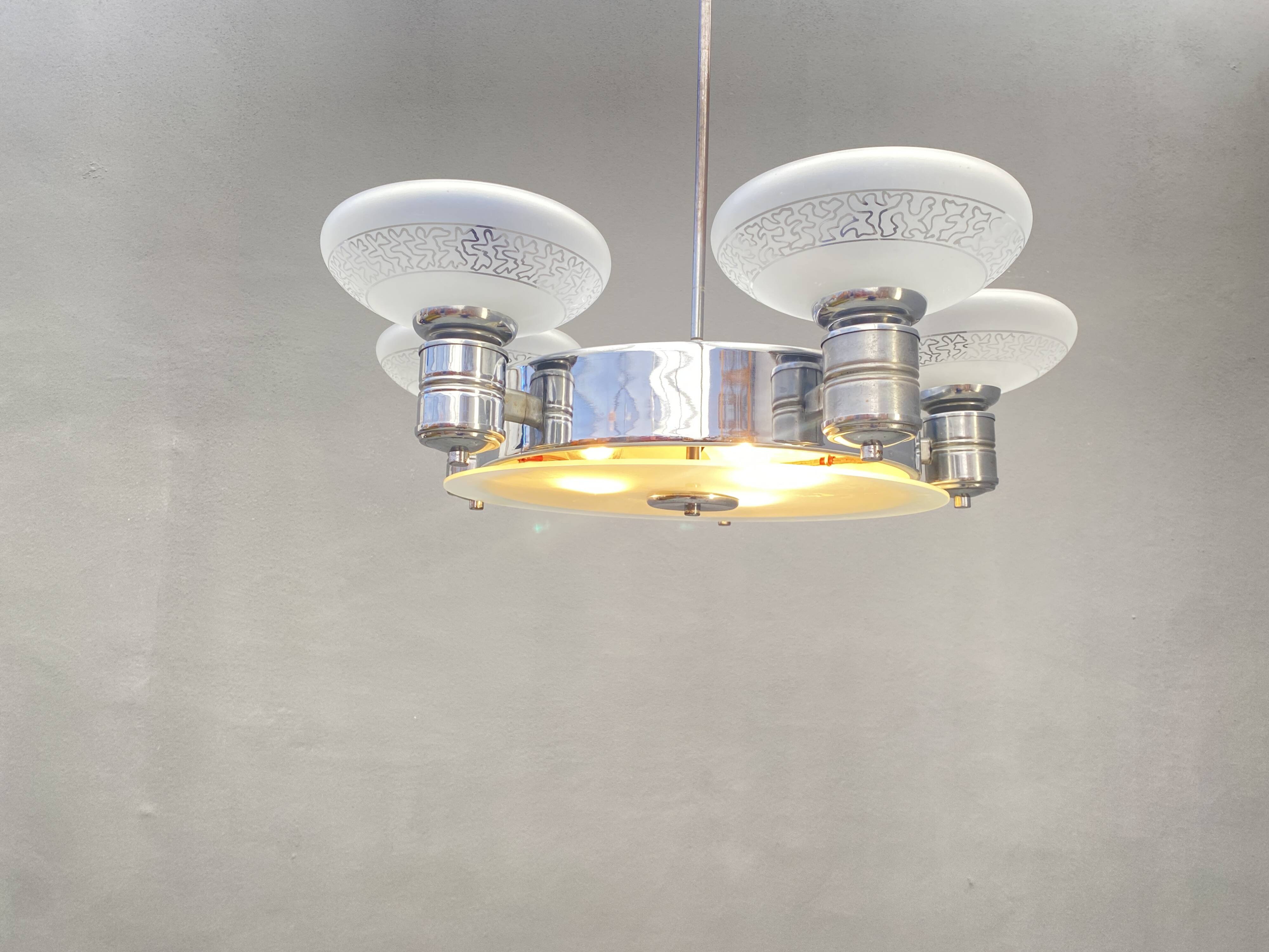 Art Deco Chrome Chandelier with Glass Bowl Shades
