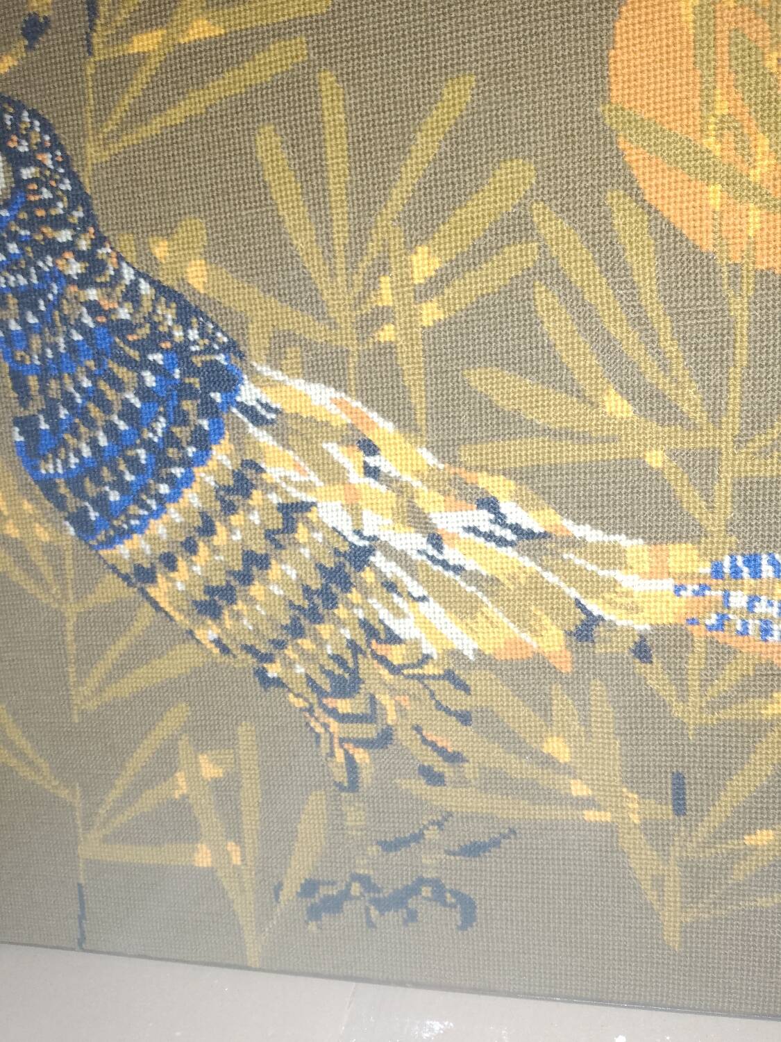 Blue Pheasant Cubist Tapestry Wool Artist René Fumeron Painting France vintage 1970's