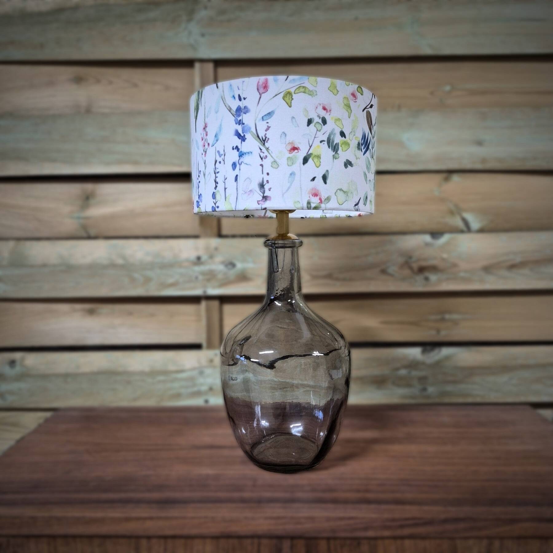 Table lamp, bedside lamp, smoked glass base and cylindrical lampshade