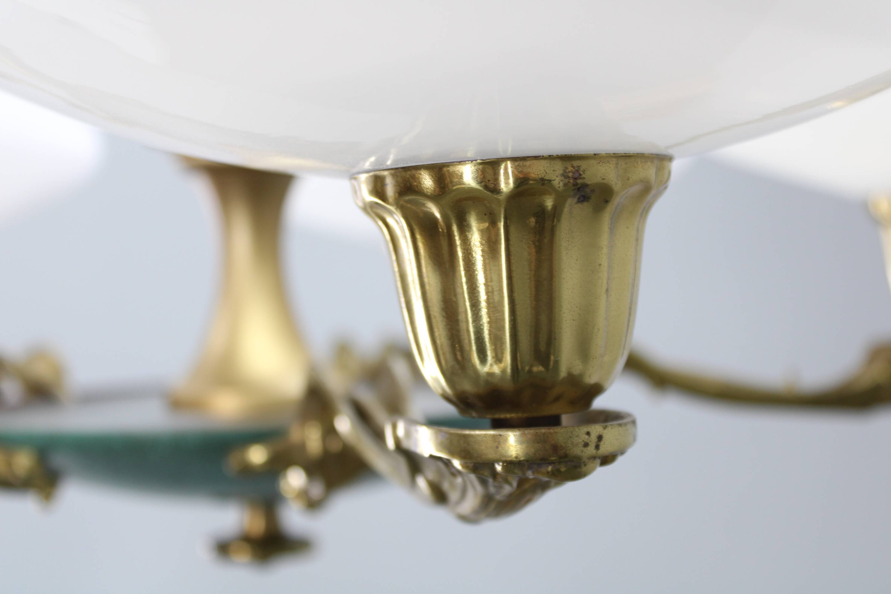 Art Deco six-light chandelier in chrome, brass and opaline glass