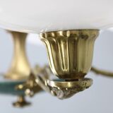 Art Deco six-light chandelier in chrome, brass and opaline glass